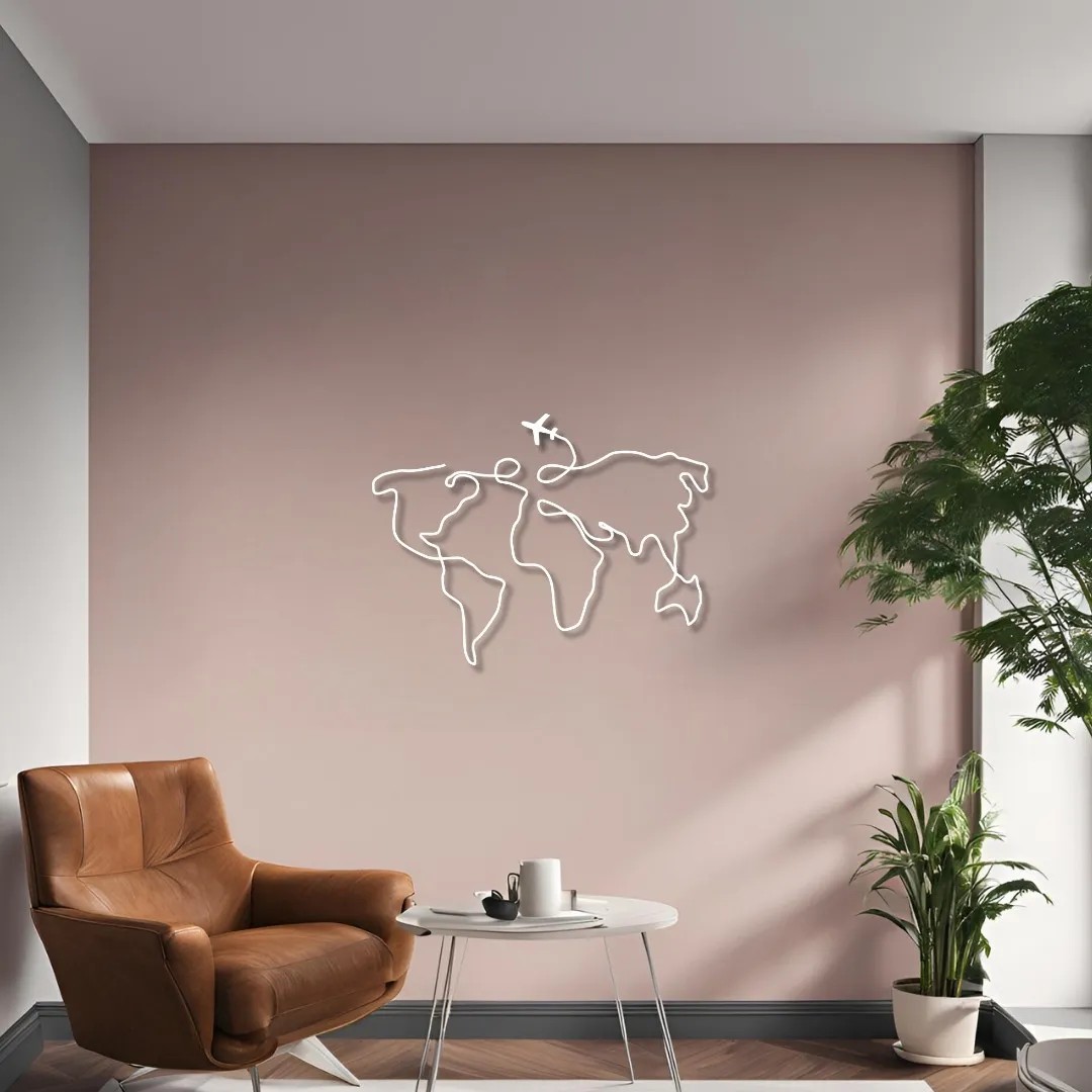 Metal Duvar Dekorasyonu Dünya Haritası Uçaklı (World Map with Plane) Metal Duvar Tablosu Harita