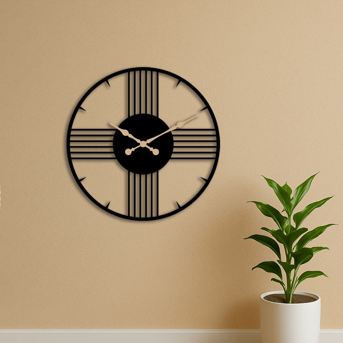 Dekoratif Minimal Çizgiler Siyah Metal Duvar Saati