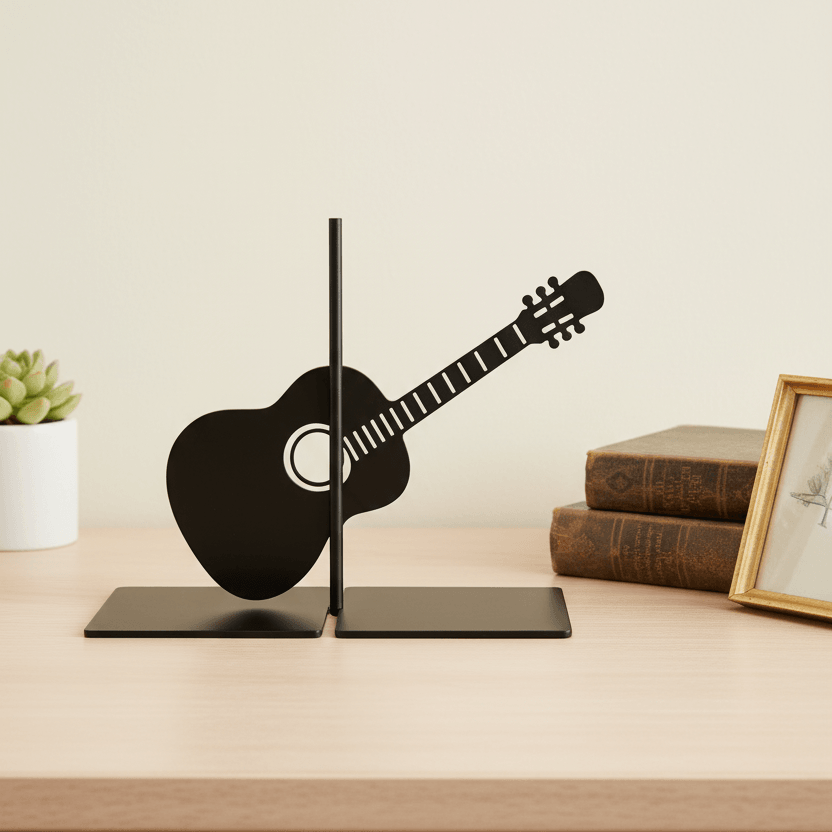 Gitar Figürlü Metal Kitap Tutucu – Müzik Temalı Dekoratif Tasarım