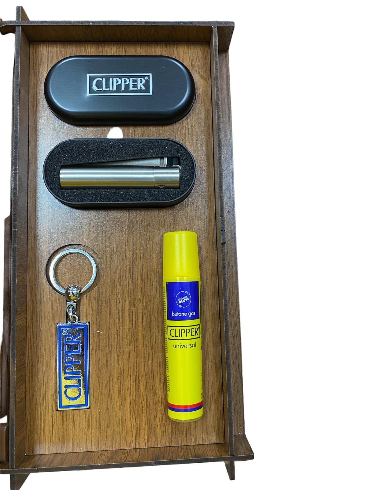 CLIPPER AHŞAP STAND HEDİYELİK SİLVER METAL TAŞLI ÇAKMAK 