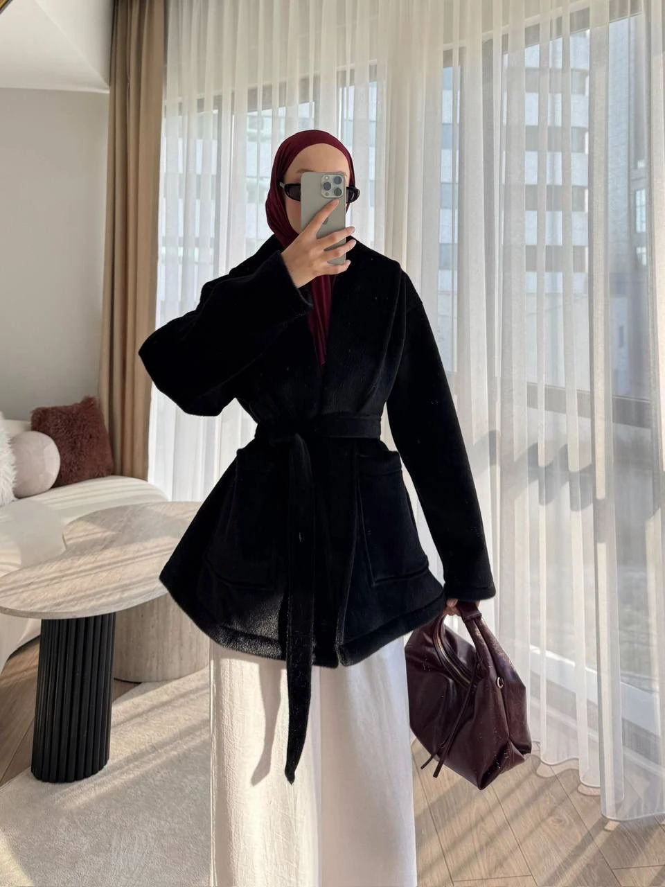 Kușaklı Cepli  Kaşe Kaban - SİYAH