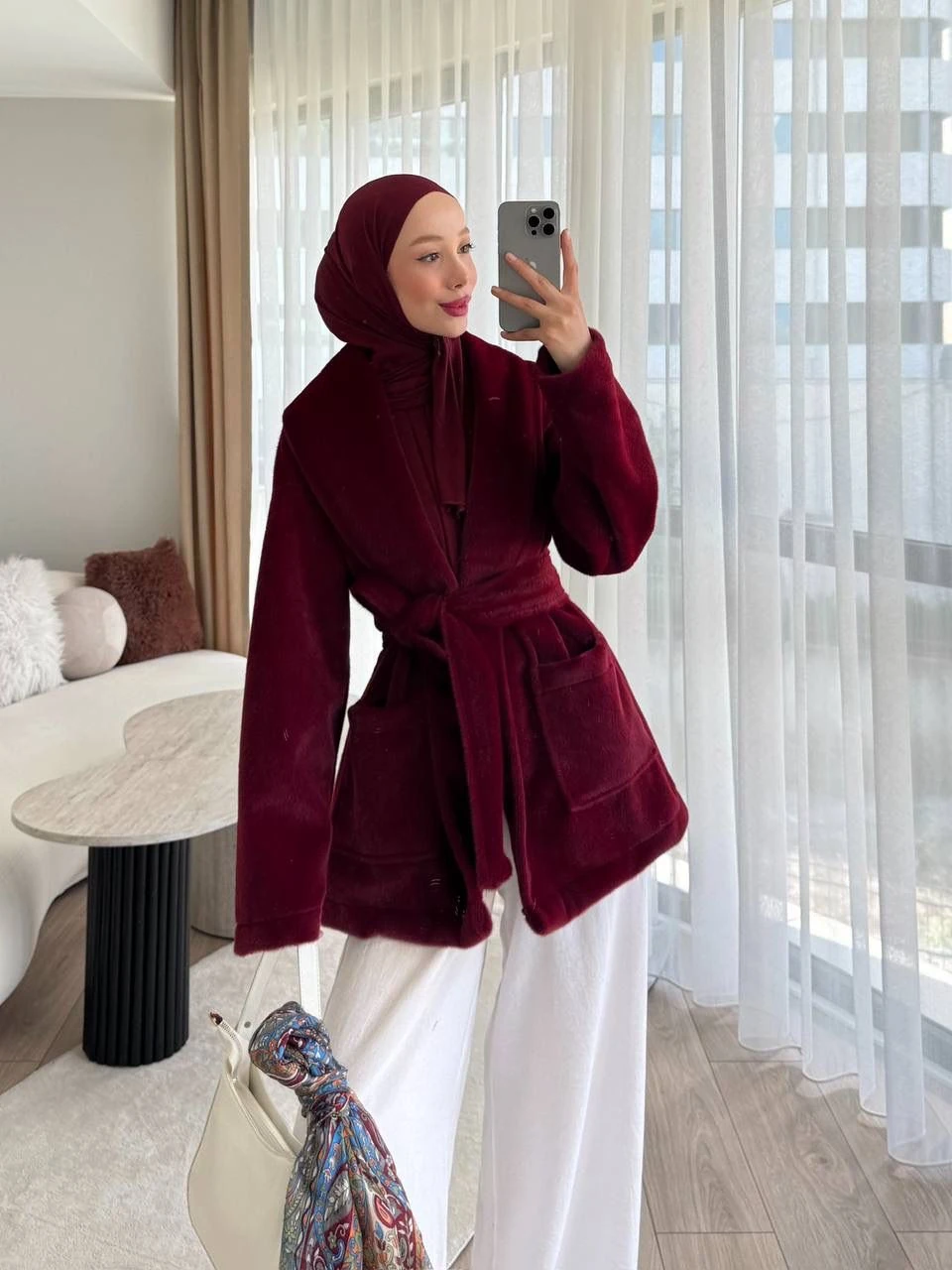 Kușaklı Cepli  Kaşe Kaban - LACİVERT