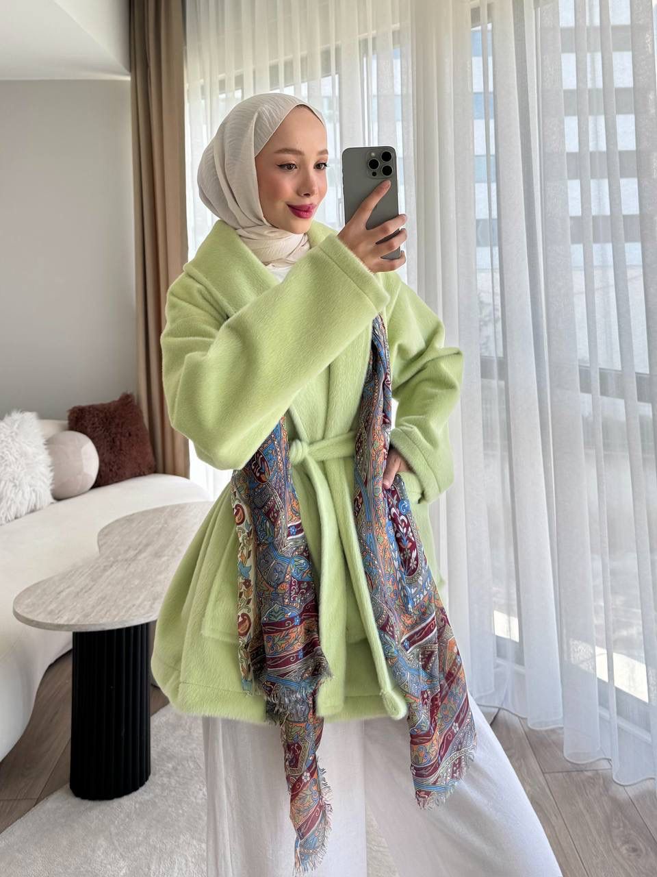 Kușaklı Cepli  Kaşe Kaban - FISTIK YEŞİLİ