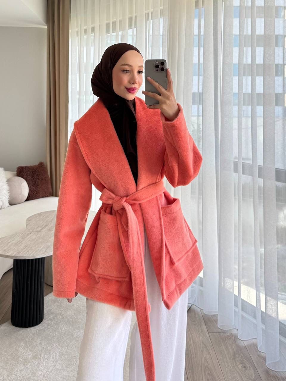 Kușaklı Cepli  Kaşe Kaban - KREM