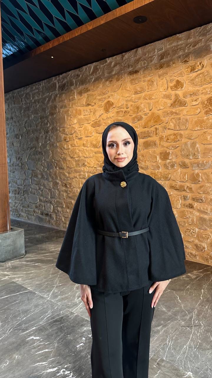 Kemer Detaylı Kısa Pelerin Panço - SİYAH