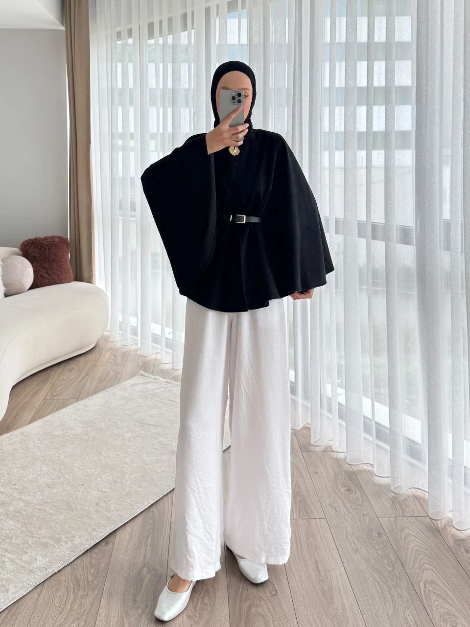 Kemer Detaylı Süet Kaftan Model Kısa Kaban - SİYAH