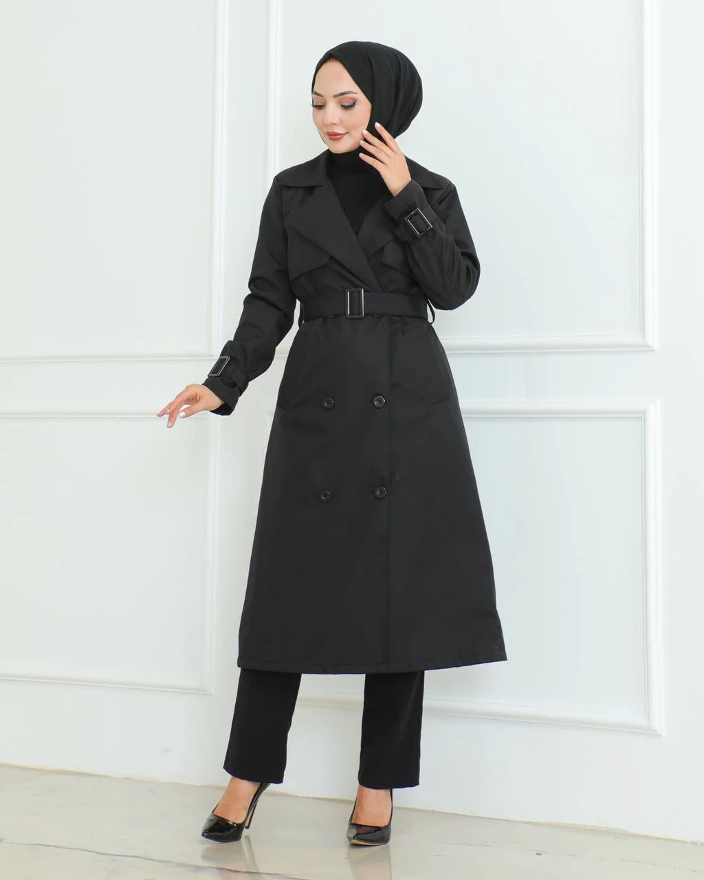 KEMER DETAYLI UZUN TRENÇKOT - SIYAH