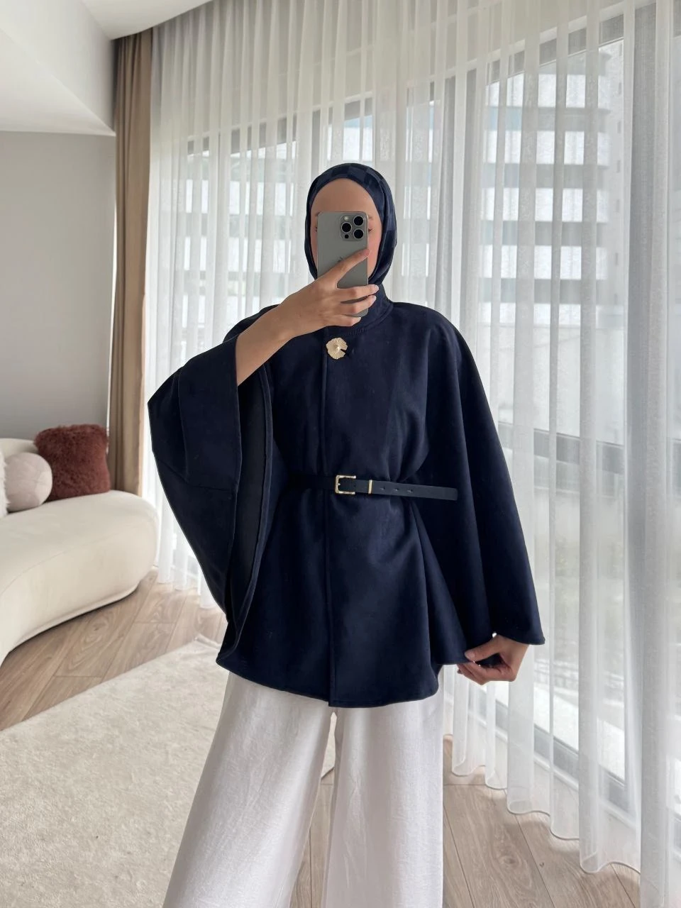 Kemer Detaylı Süet Kaftan Model Kısa Kaban - LACİVERT