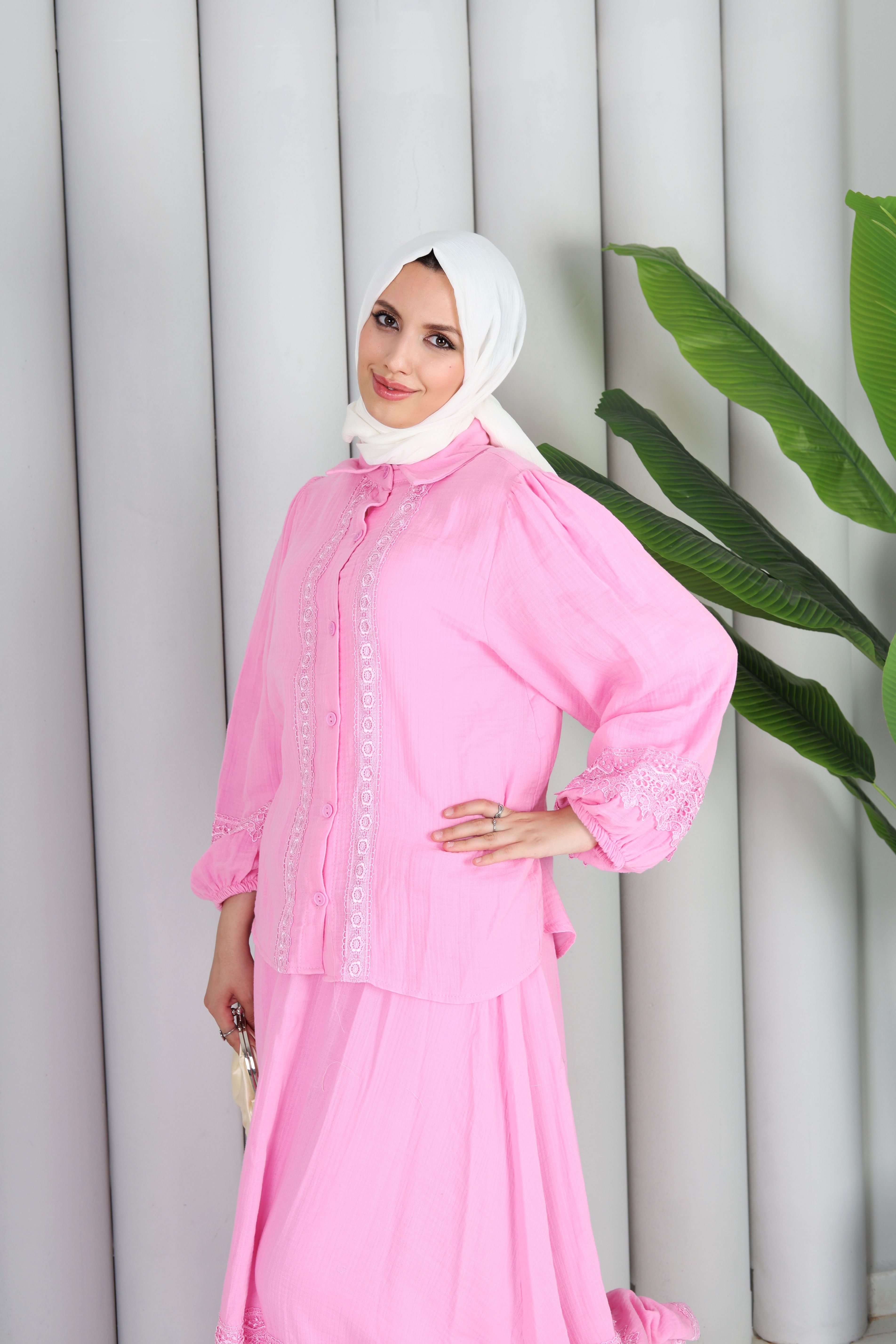DANTEL DETAYLI GÖMLEK ETEK İKİLİ TAKIM - PEMBE