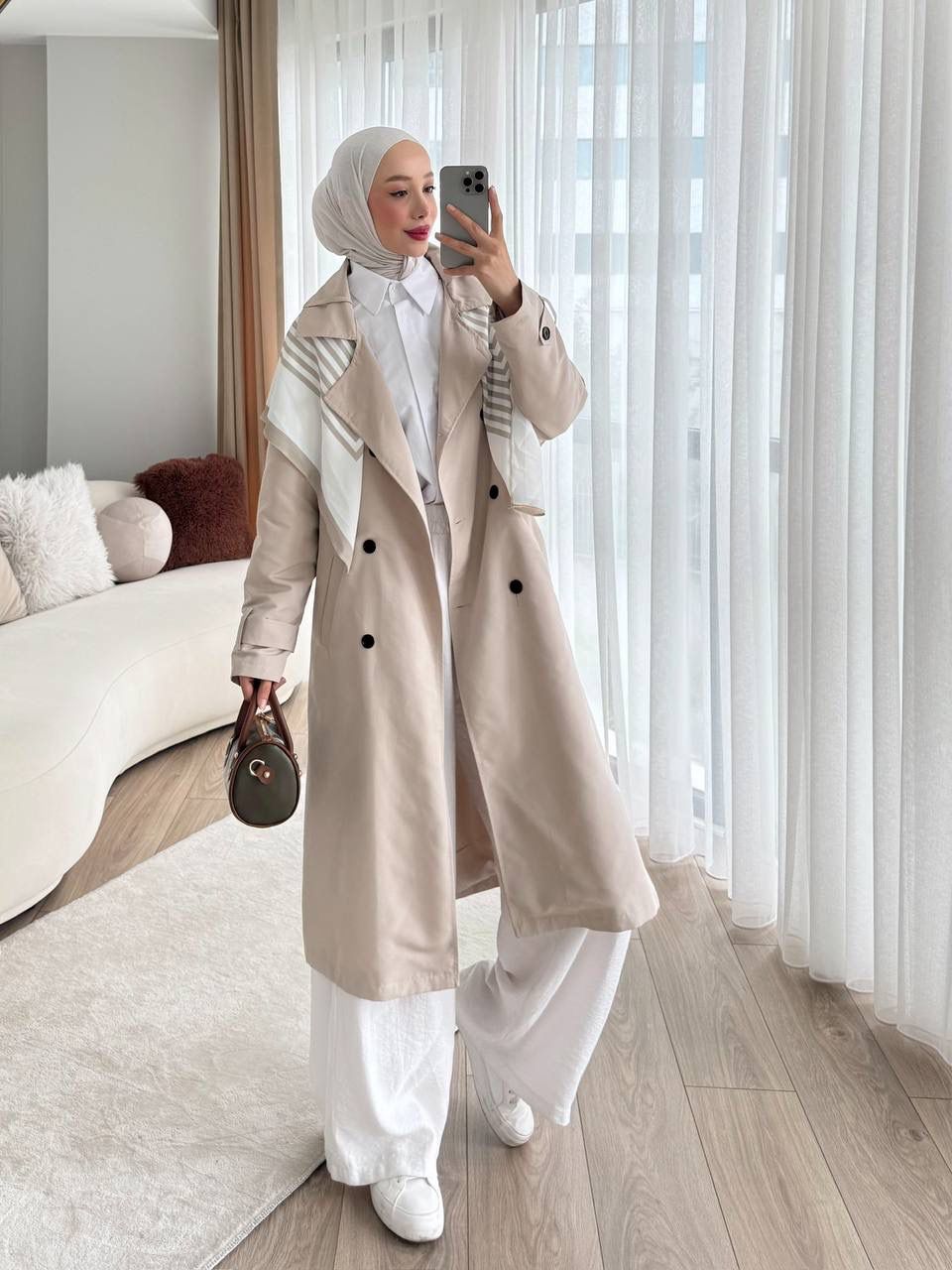 TORİNO UZUN TRENÇ ŞALLI - BEJ