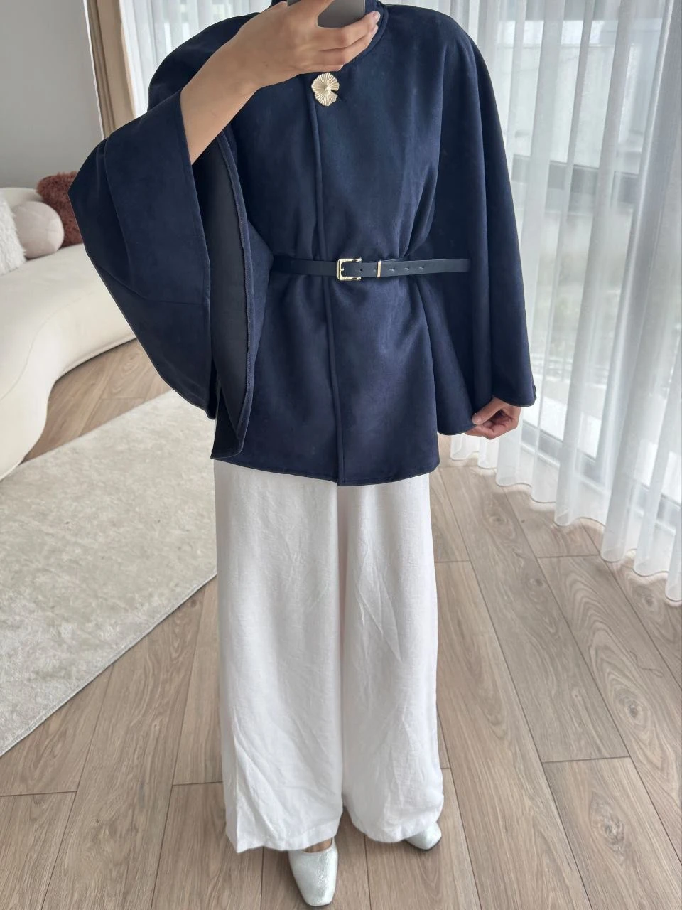 Kemer Detaylı Süet Kaftan Model Kısa Kaban - LACİVERT