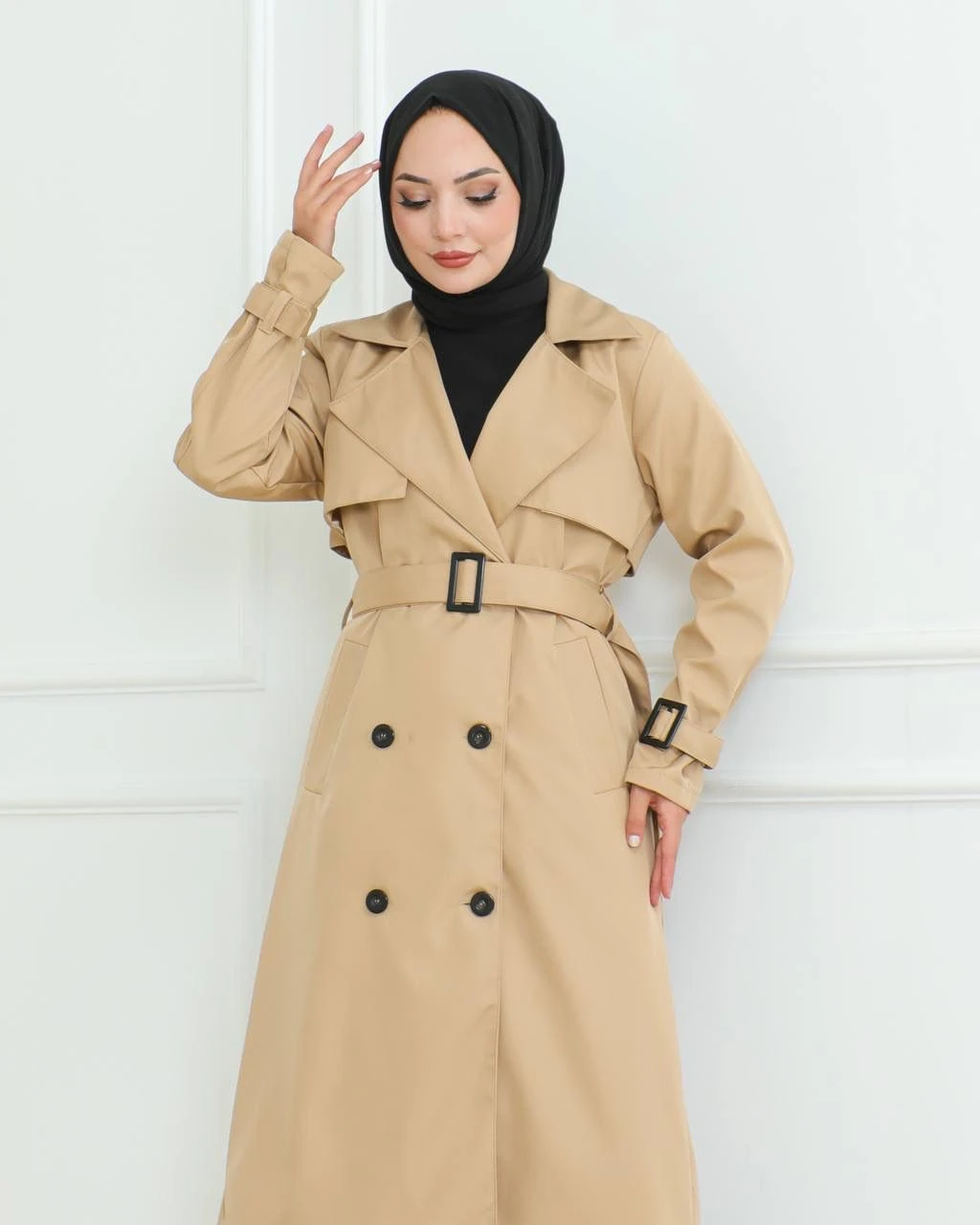 KEMER DETAYLI UZUN TRENÇKOT - BEJ