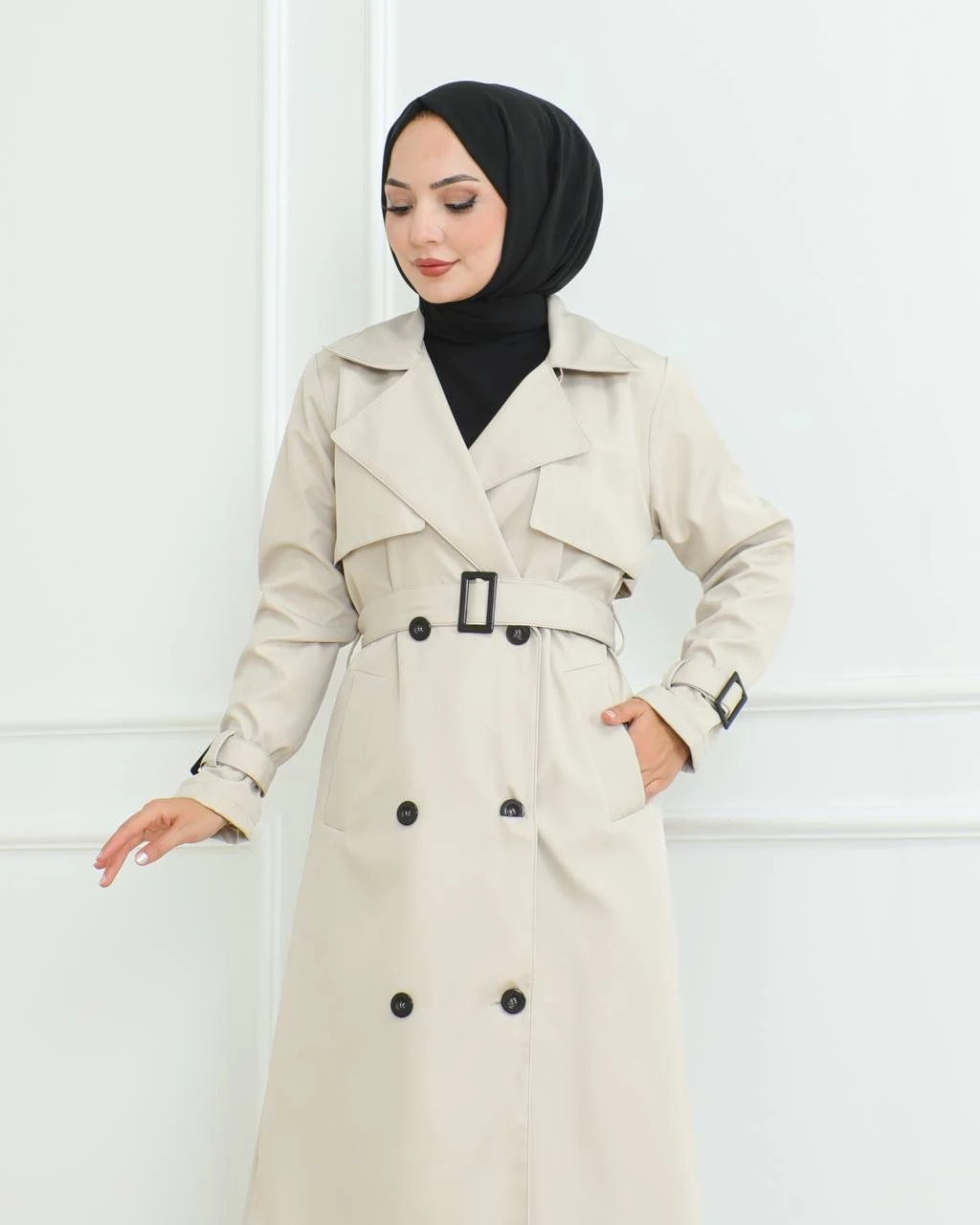 KEMER DETAYLI UZUN TRENÇKOT - KREM