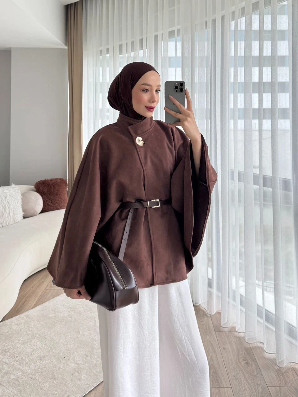 Kemer Detaylı Süet Kaftan Model Kısa Kaban - KAHVERENGİ