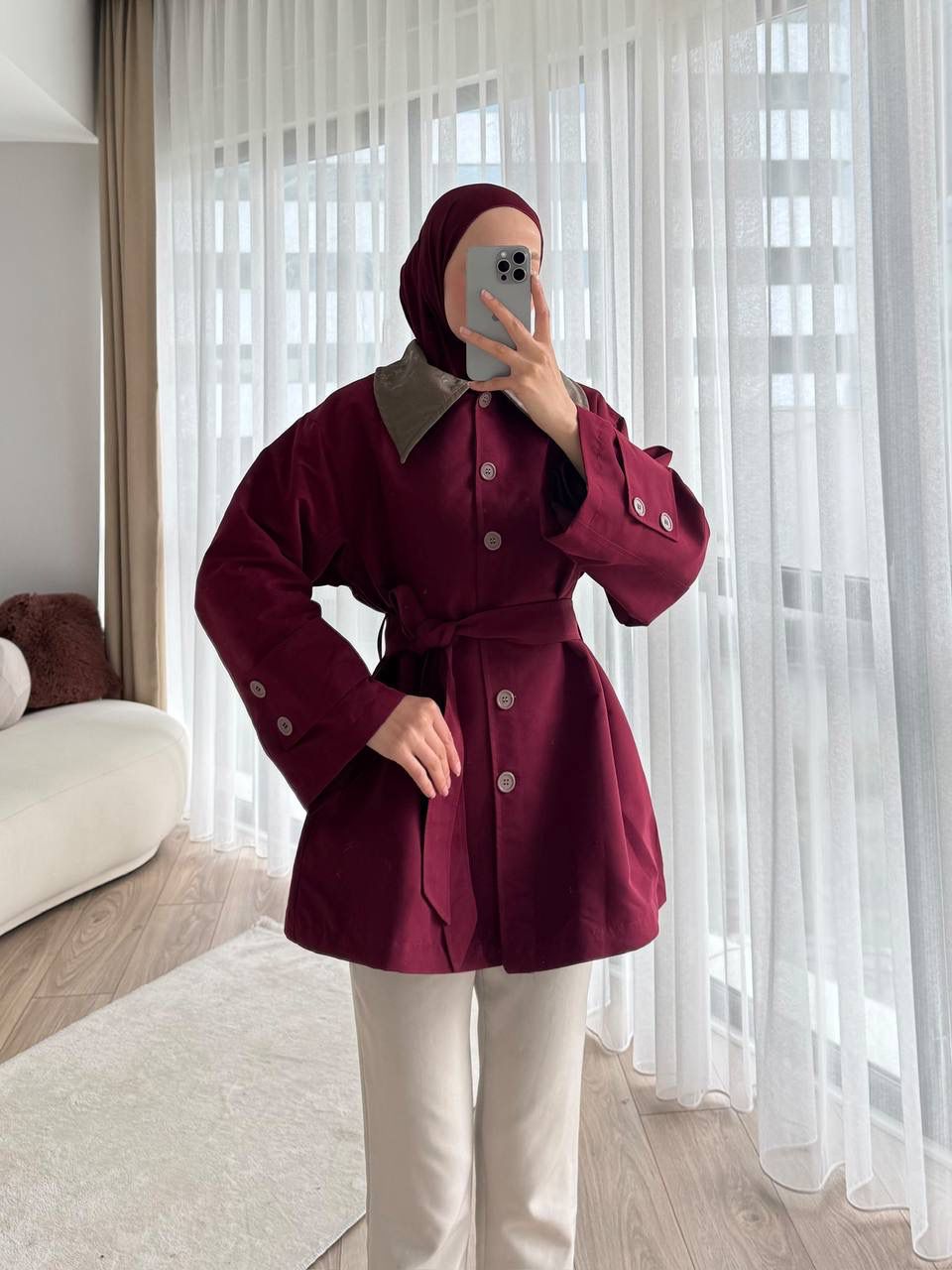 “Kontrast Deri Yaka Detaylı Kuşaklı Trençkot” - BORDO