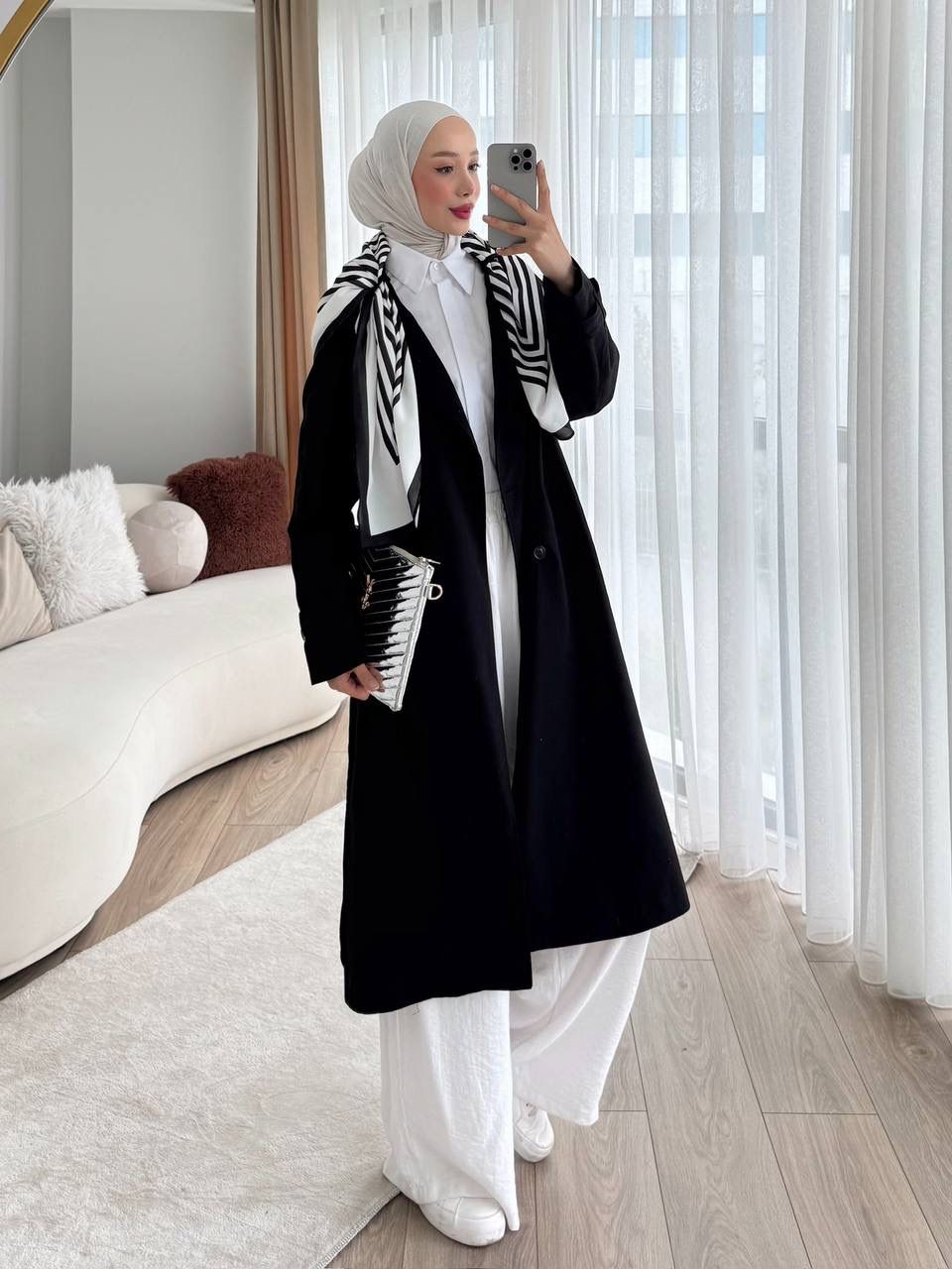 TORİNO UZUN TRENÇ ŞALLI - SİYAH