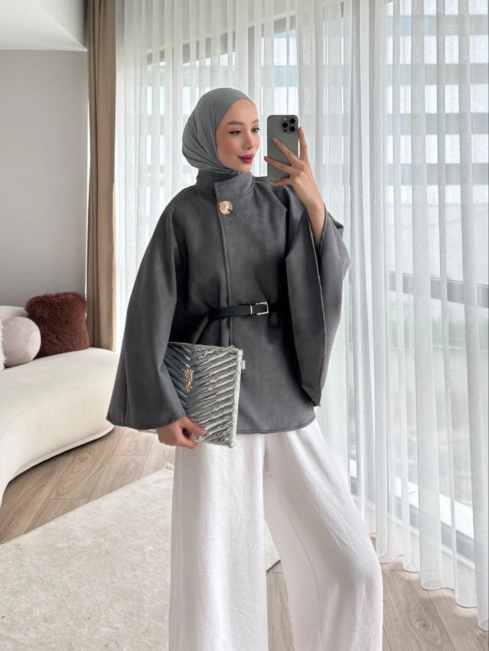 Kemer Detaylı Süet Kaftan Model Kısa Kaban - GRİ