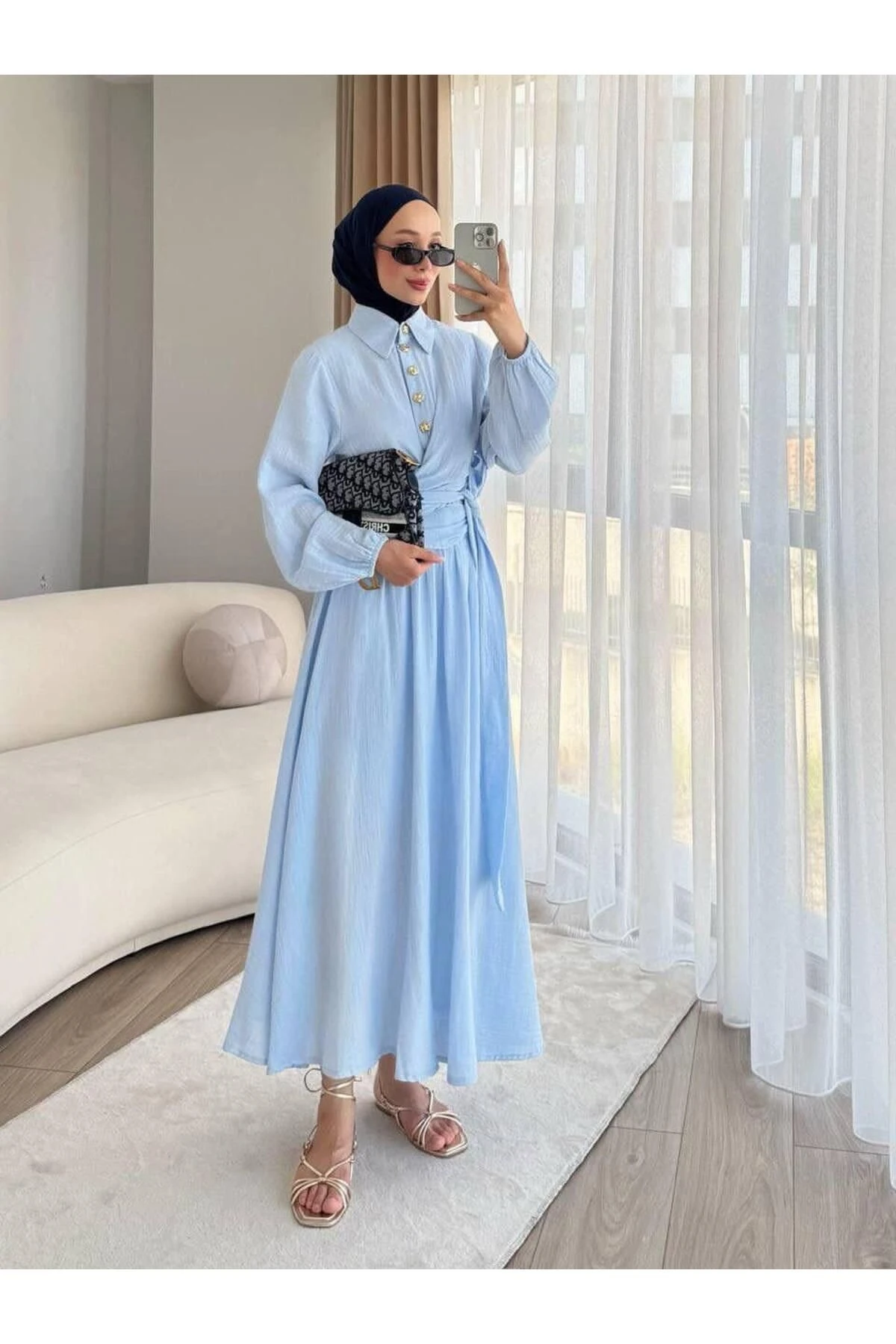 KUŞAKLI DÜĞMELİ TAKIM - MAVİ