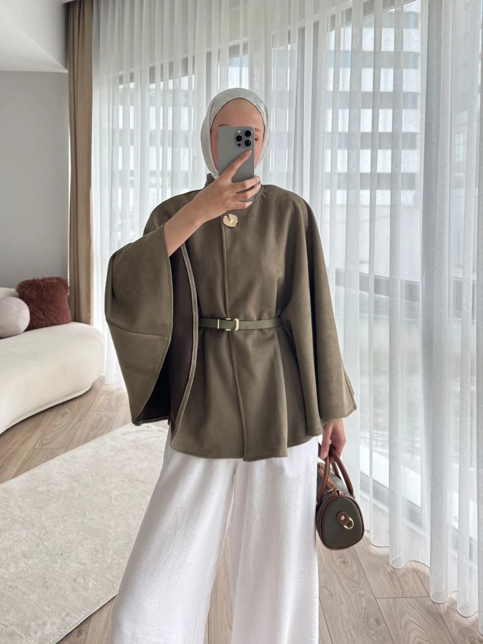 Kemer Detaylı Süet Kaftan Model Kısa Kaban - KREM