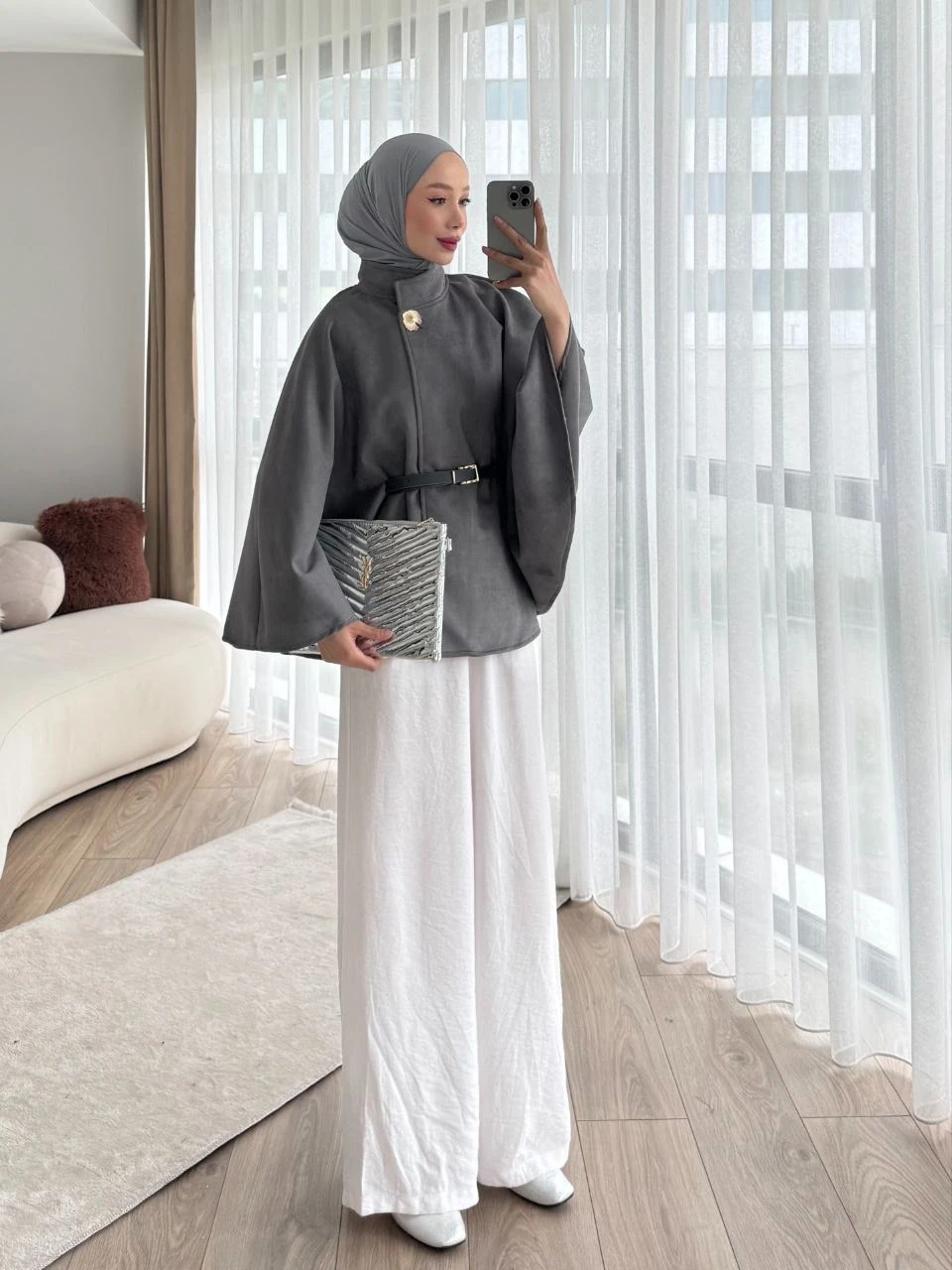 Kemer Detaylı Süet Kaftan Model Kısa Kaban - GRİ