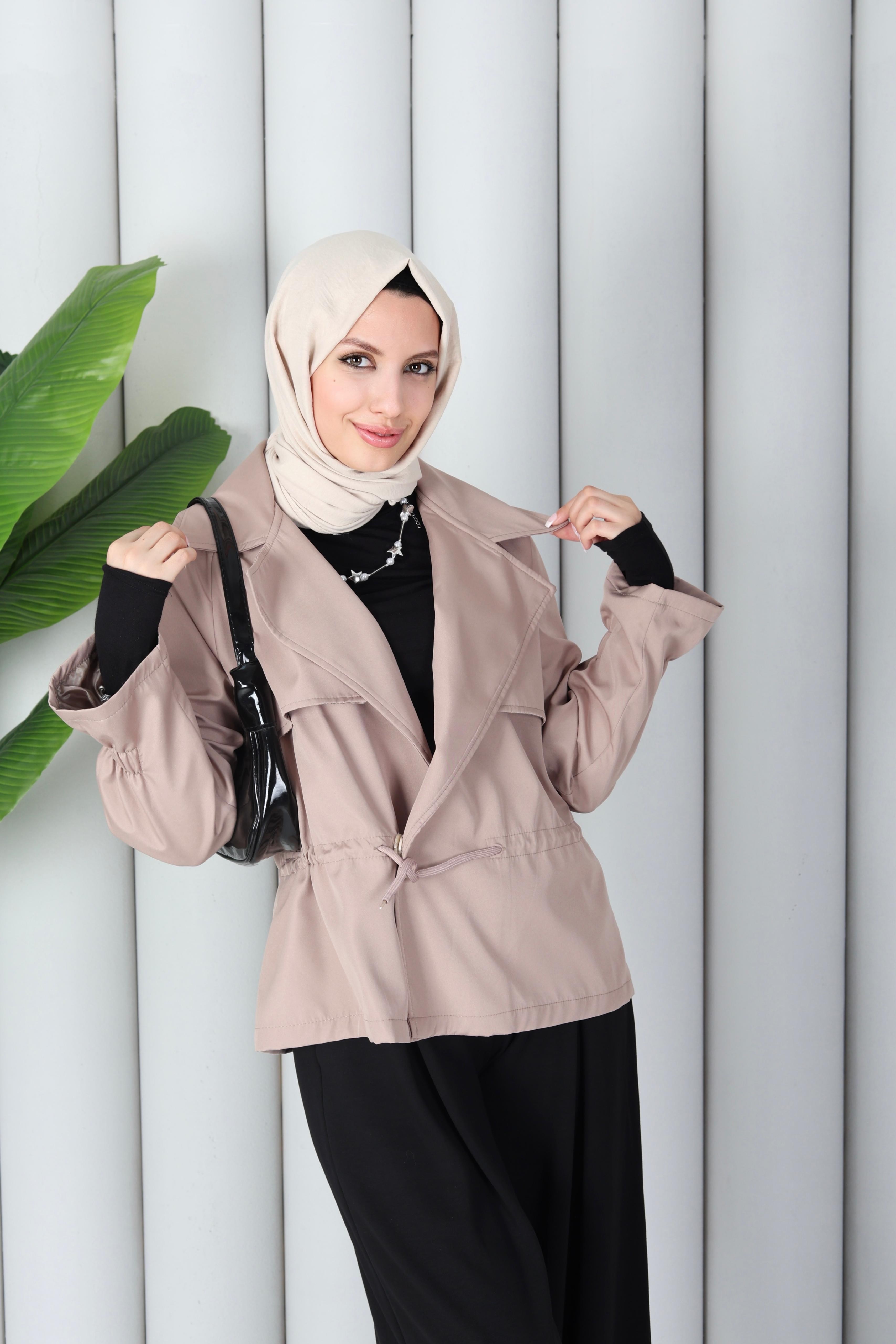 BELİ BÜZGÜ DETAYLI KISA TRENÇKOT - VİZON