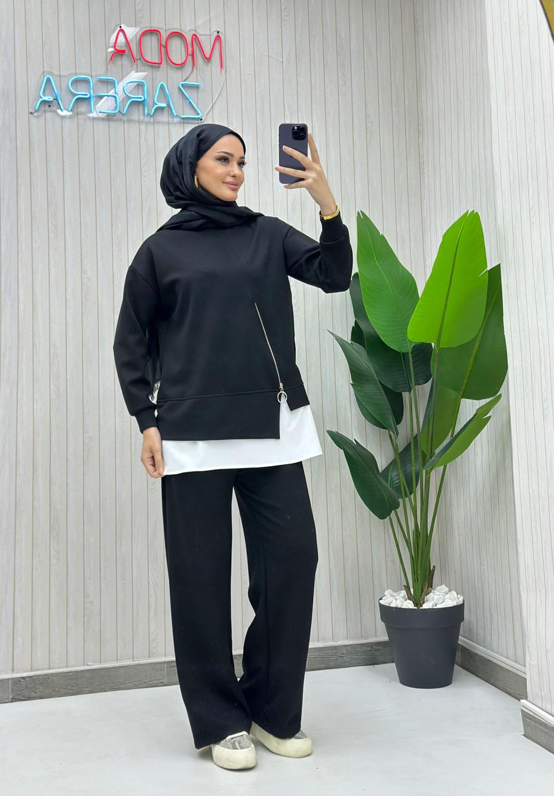 Zarif ve Rahat Fermuar Detaylı Oysho İkili Takım (Tunik & Pantolon) - SİYAH