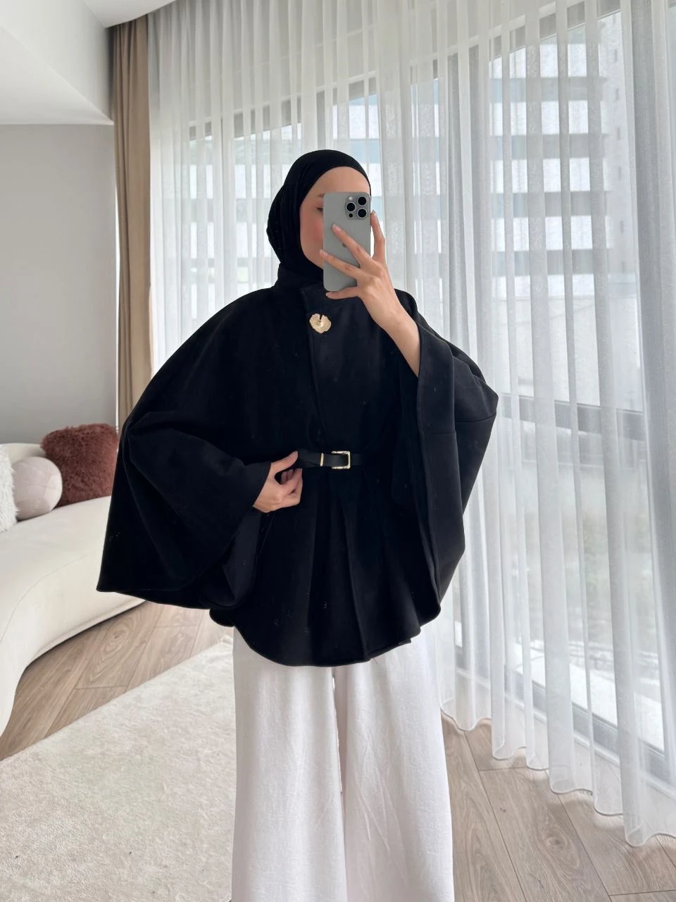 Kemer Detaylı Süet Kaftan Model Kısa Kaban - SİYAH