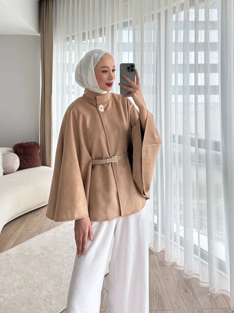 Kemer Detaylı Süet Kaftan Model Kısa Kaban - ANTRASİT