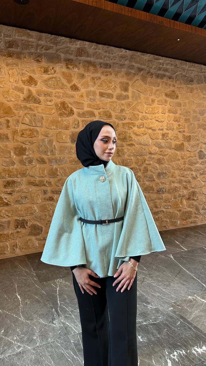 Kemer Detaylı Kısa Pelerin Panço - SU YEŞİLİ