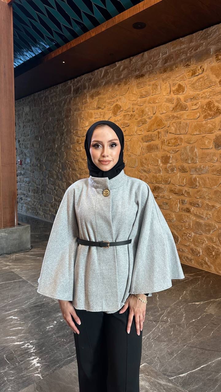 Kemer Detaylı Kısa Pelerin Panço - GRİ