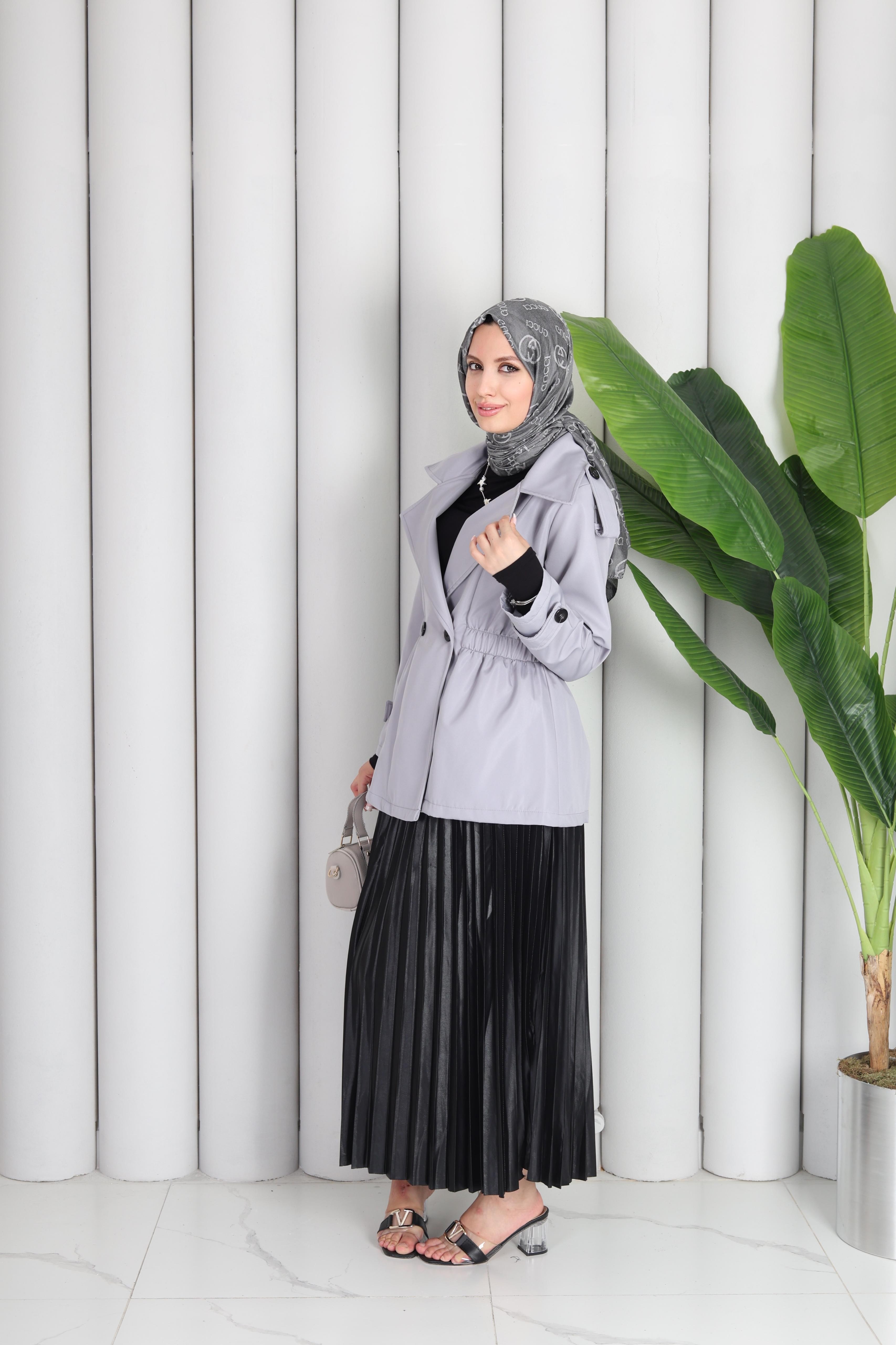 KISA LASTİK DETAYLI TRENÇ - GRİ
