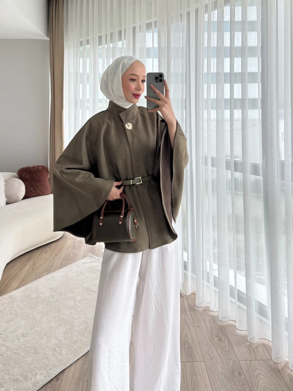 Kemer Detaylı Süet Kaftan Model Kısa Kaban - KREM