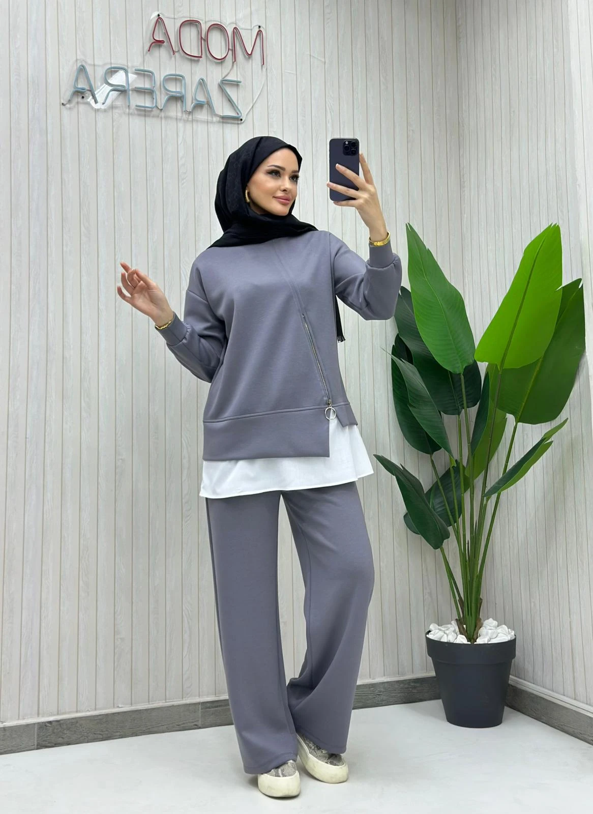 Zarif ve Rahat Fermuar Detaylı Oysho İkili Takım (Tunik & Pantolon) - GRİ