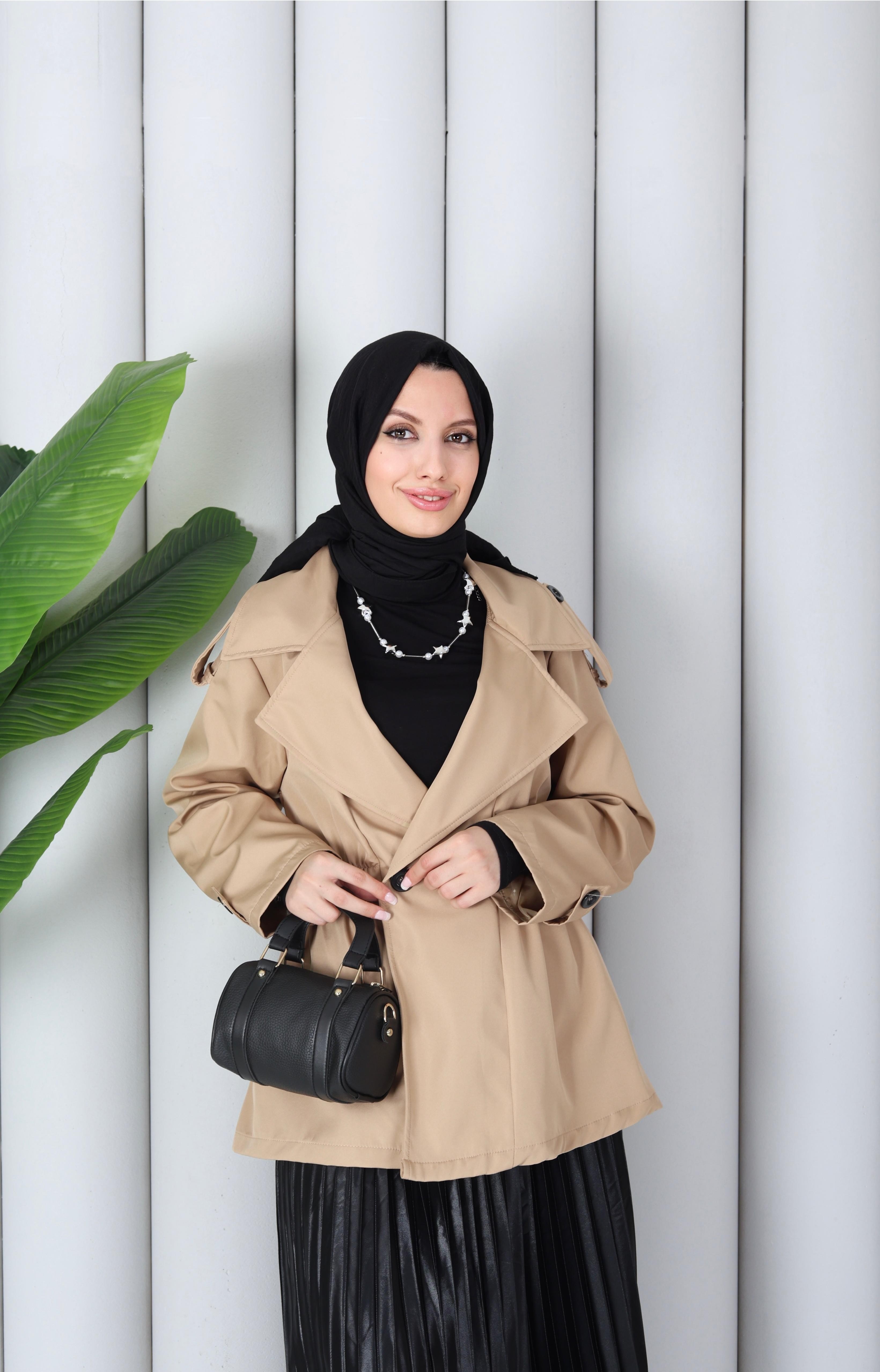 KISA LASTİK DETAYLI TRENÇ - BEJ