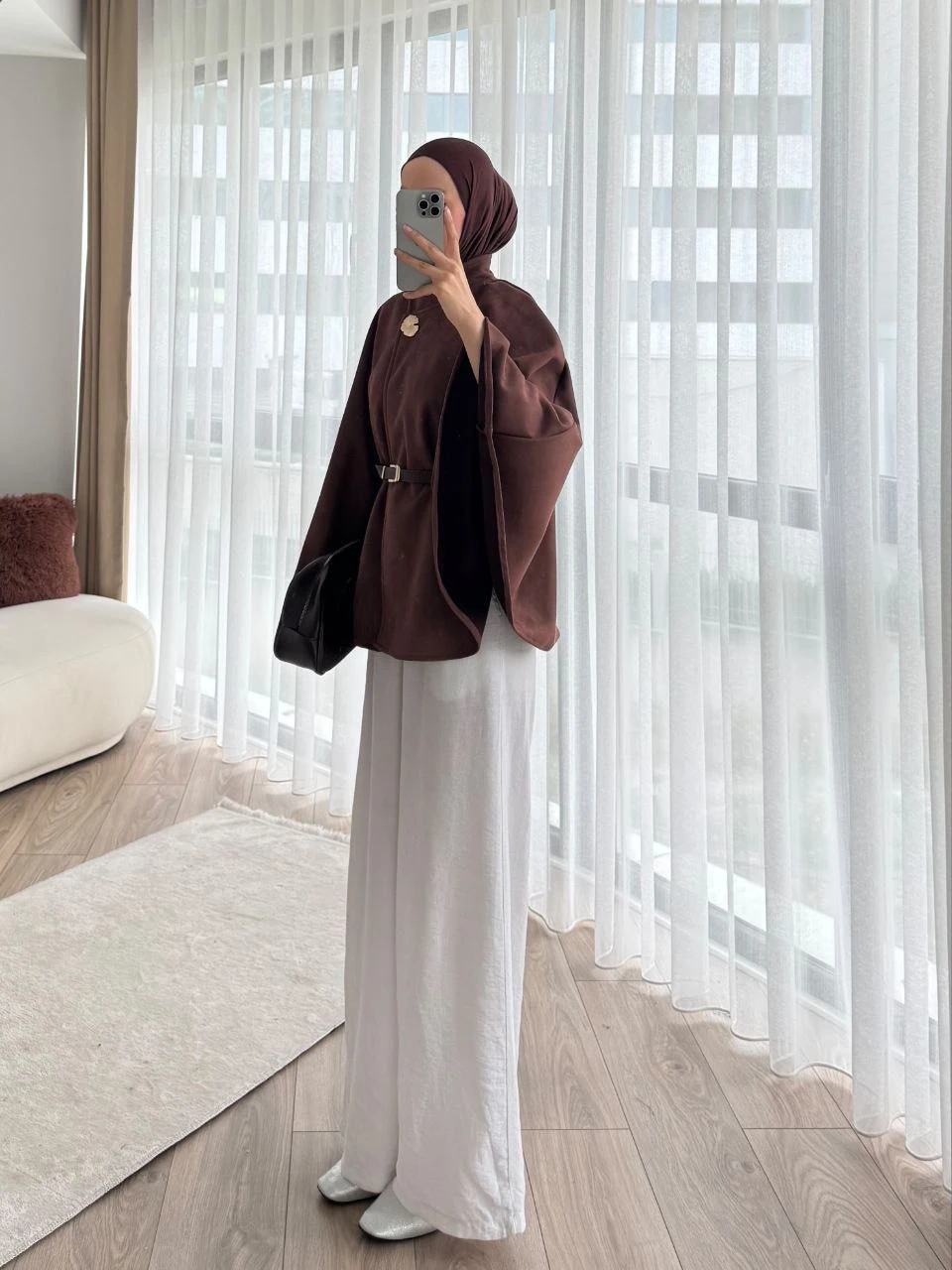 Kemer Detaylı Süet Kaftan Model Kısa Kaban - KAHVERENGİ