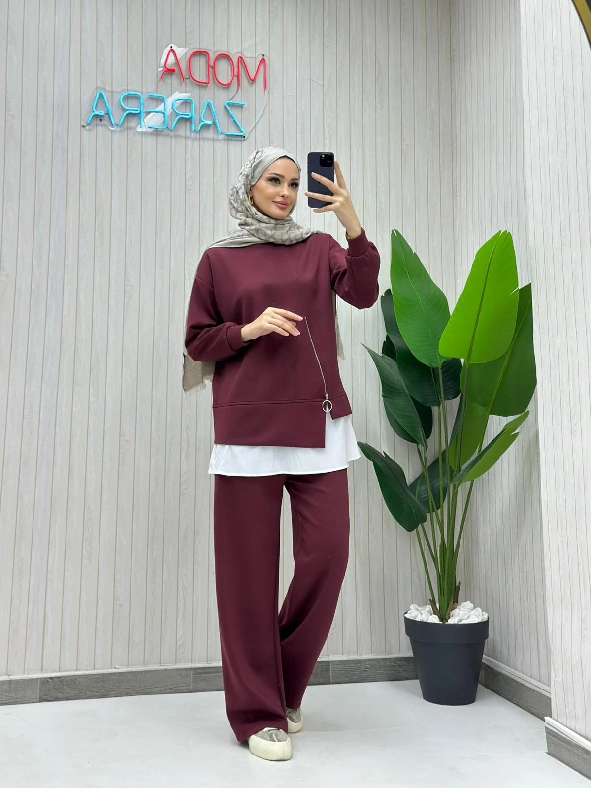 Zarif ve Rahat Fermuar Detaylı Oysho İkili Takım (Tunik & Pantolon) - BORDO