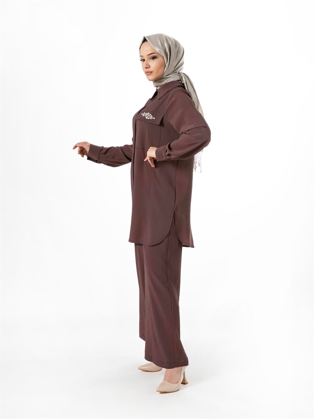 Heddy Gömlek Cebi Taş Detaylı Pantolonlu Takım 23411-KAHVERENGİ