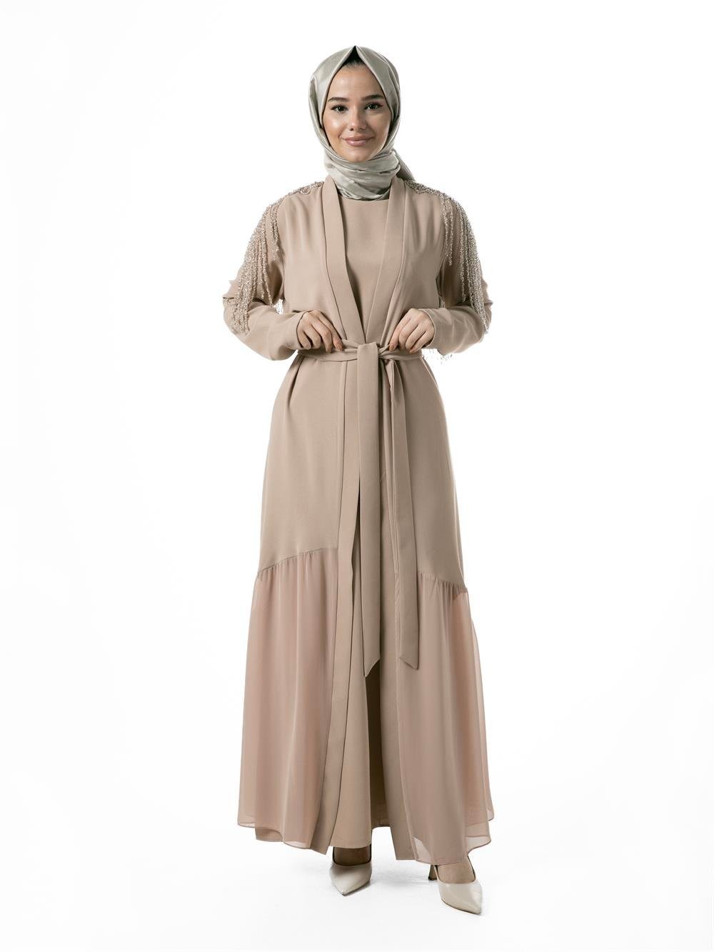 Heddy Omuzları Saçaklı Abaya 6603-BEJ