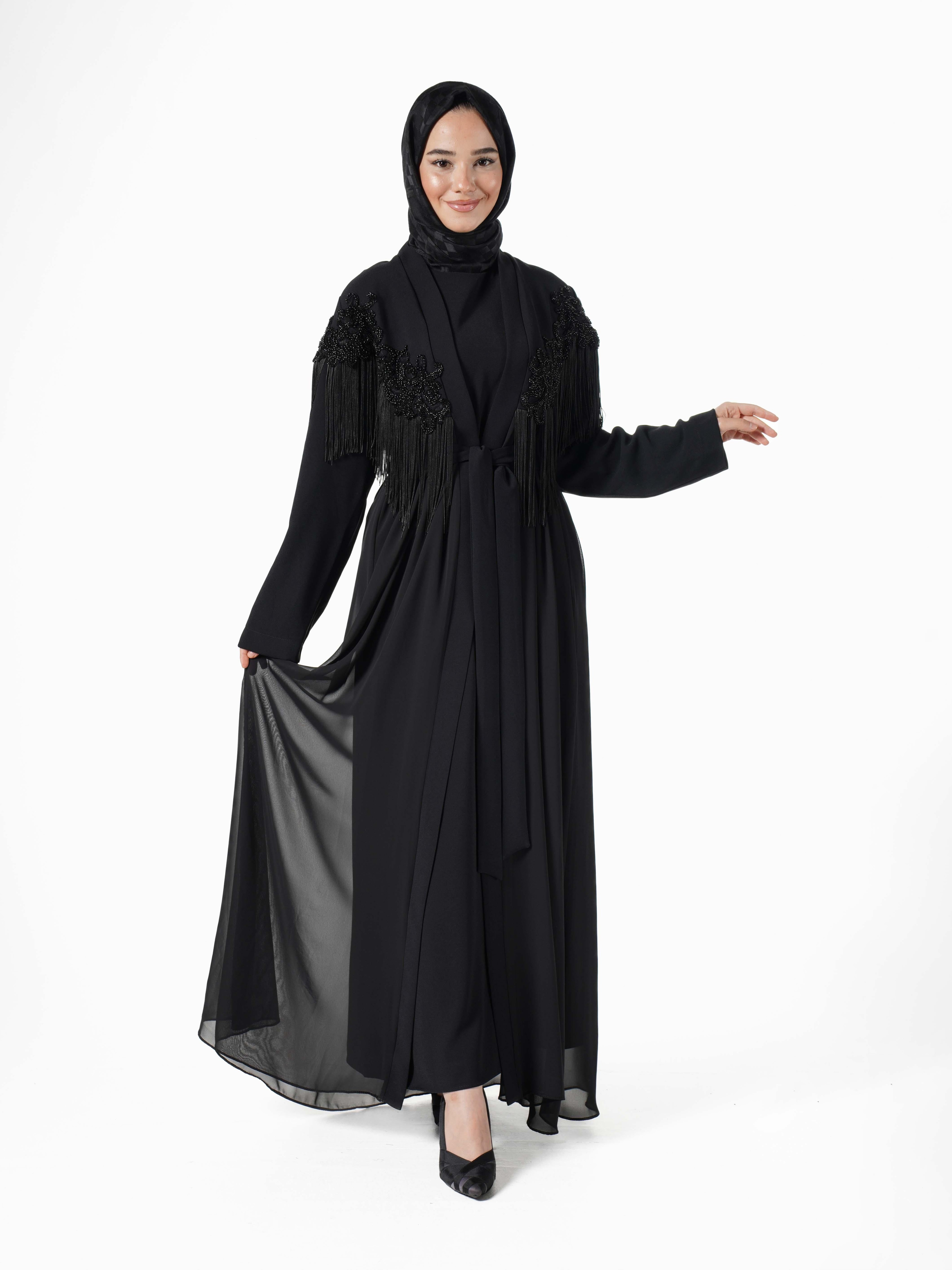 Heddy Omuzu Püsküllü ve Taşlı Abaya 7601-SİYAH