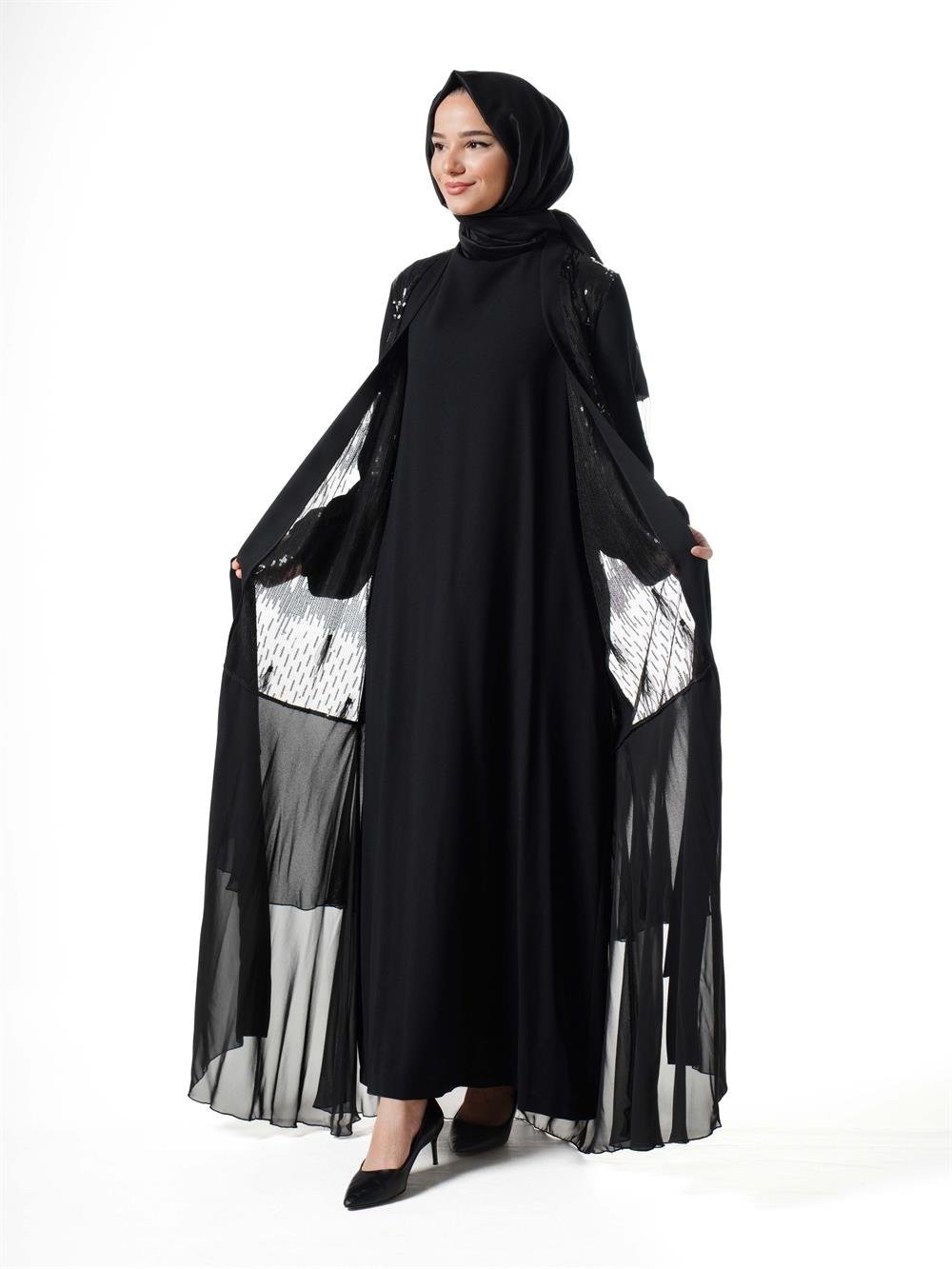 Heddy Yapraklı Pullu Abaya 5661-SİYAH