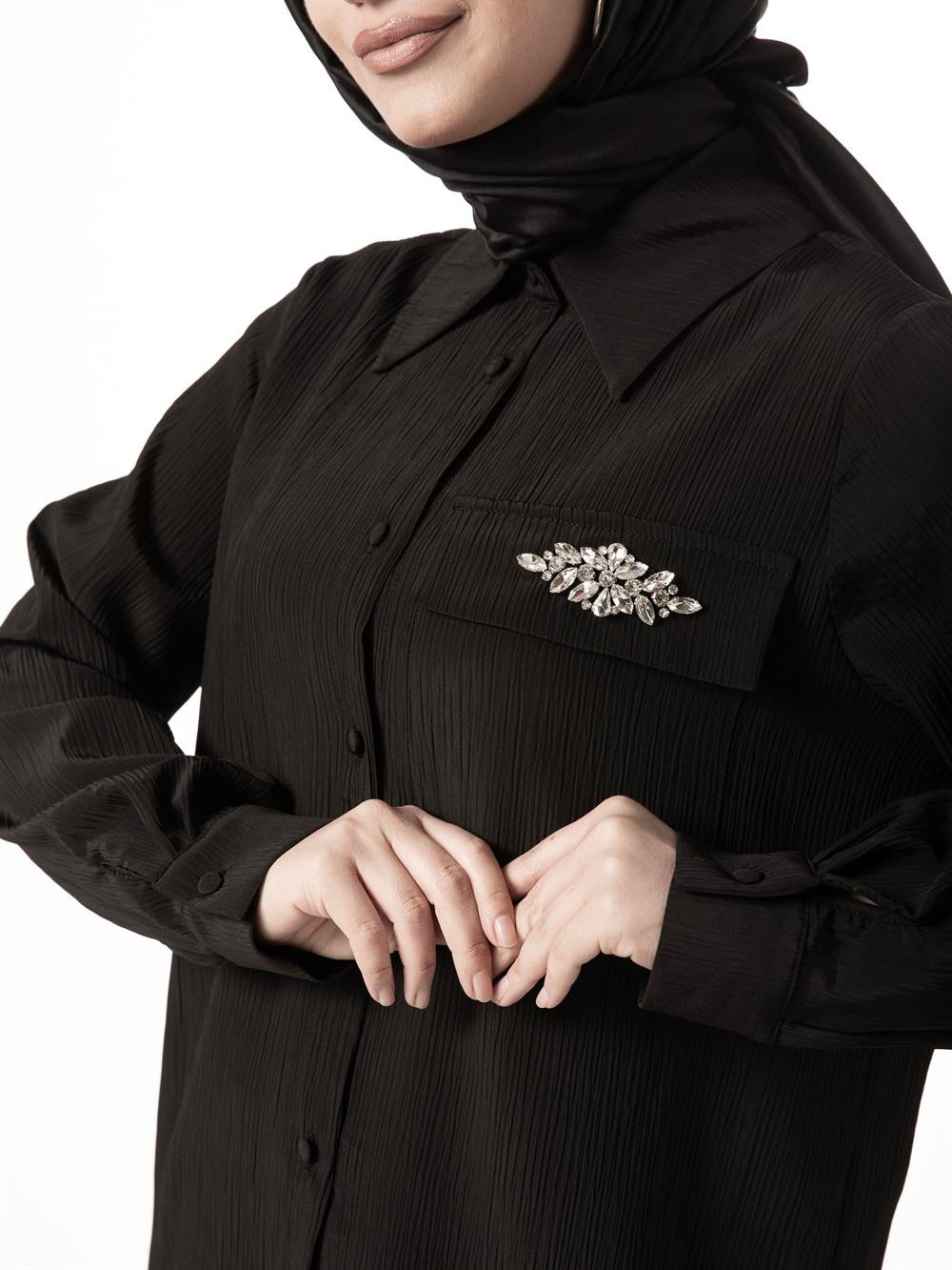Heddy Gömlek Cebi Taş Detaylı Pantolonlu Takım 23411-SİYAH