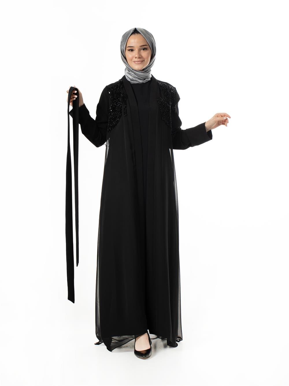 Heddy Önü ve Sırtı Boncuk İşlemeli Abaya 6608-SİYAH