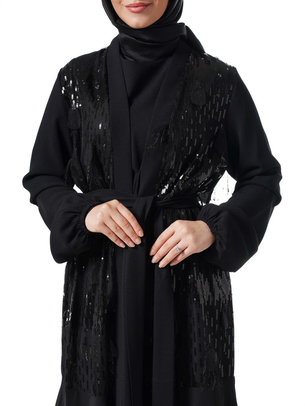 Heddy Yapraklı Pullu Abaya 5661-SİYAH