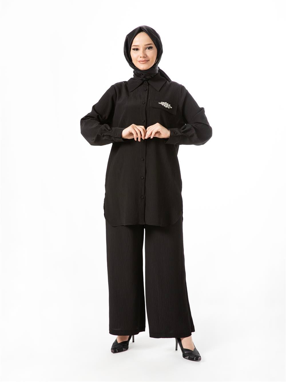 Heddy Gömlek Cebi Taş Detaylı Pantolonlu Takım 23411-SİYAH