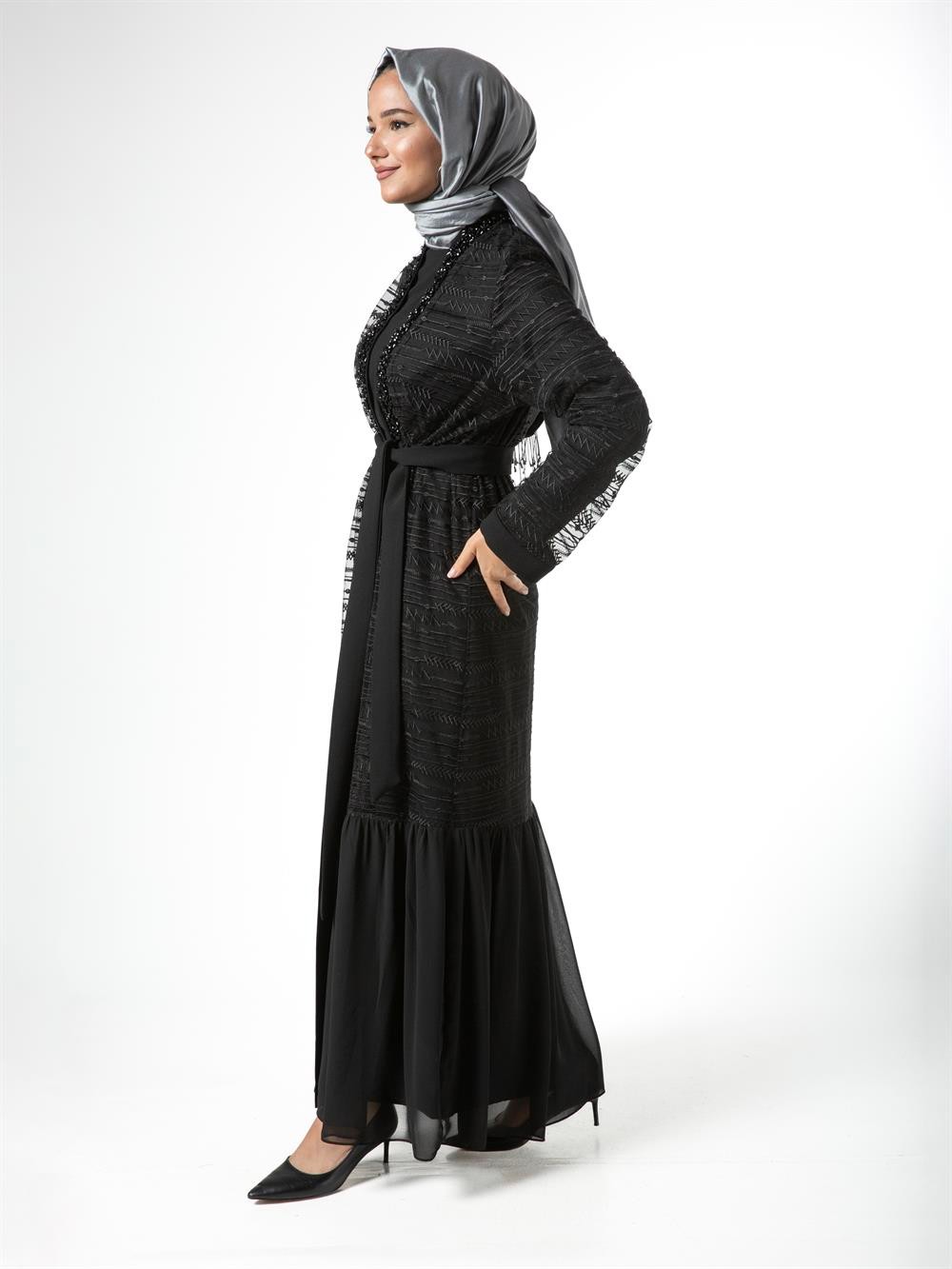 Heddy Tüllü Boncuklu Abaya 6611-SİYAH