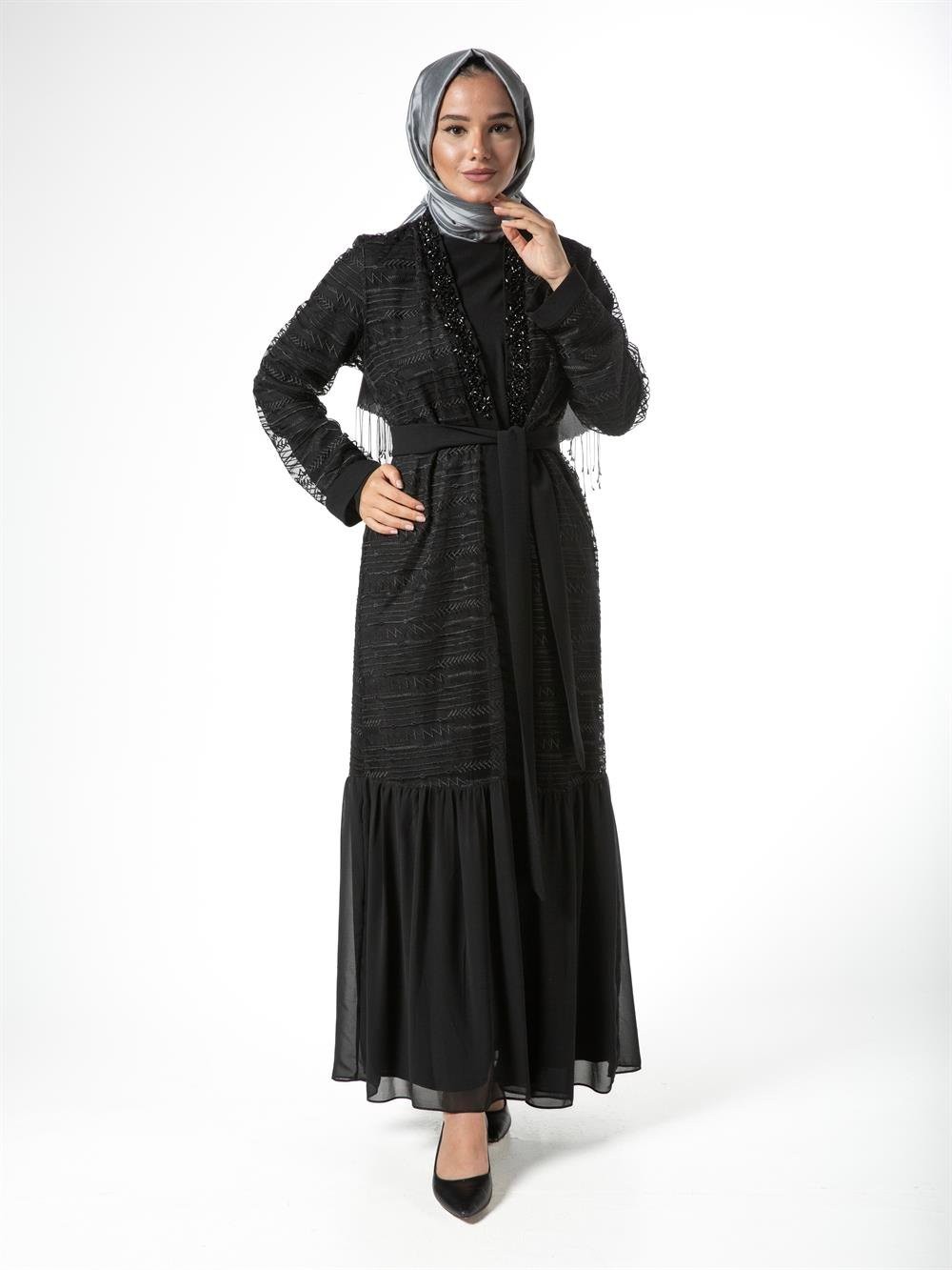 Heddy Tüllü Boncuklu Abaya 6611-SİYAH