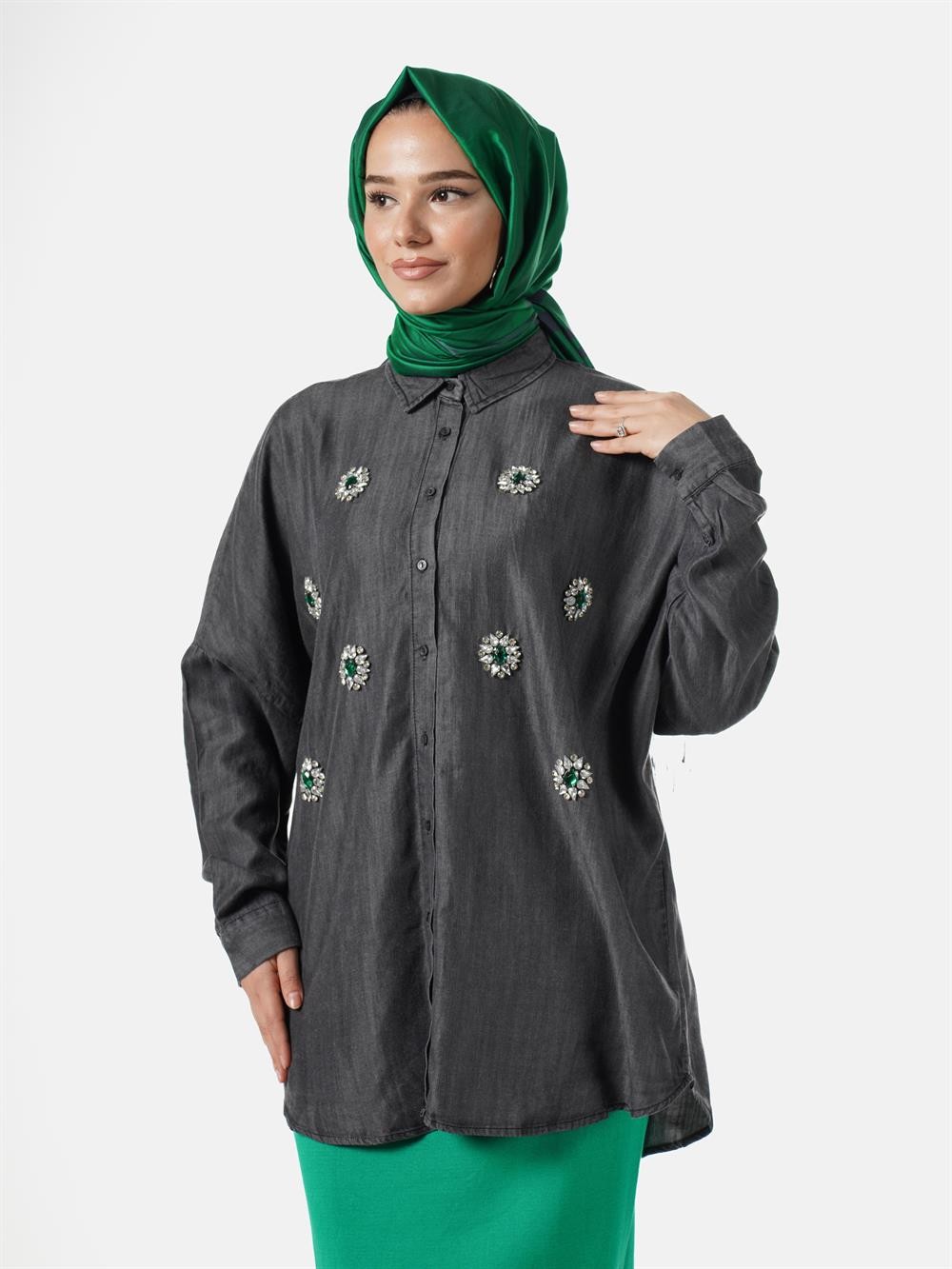 Orfeo Negro Tensel Taşlı Gömlek 32989-GRİ