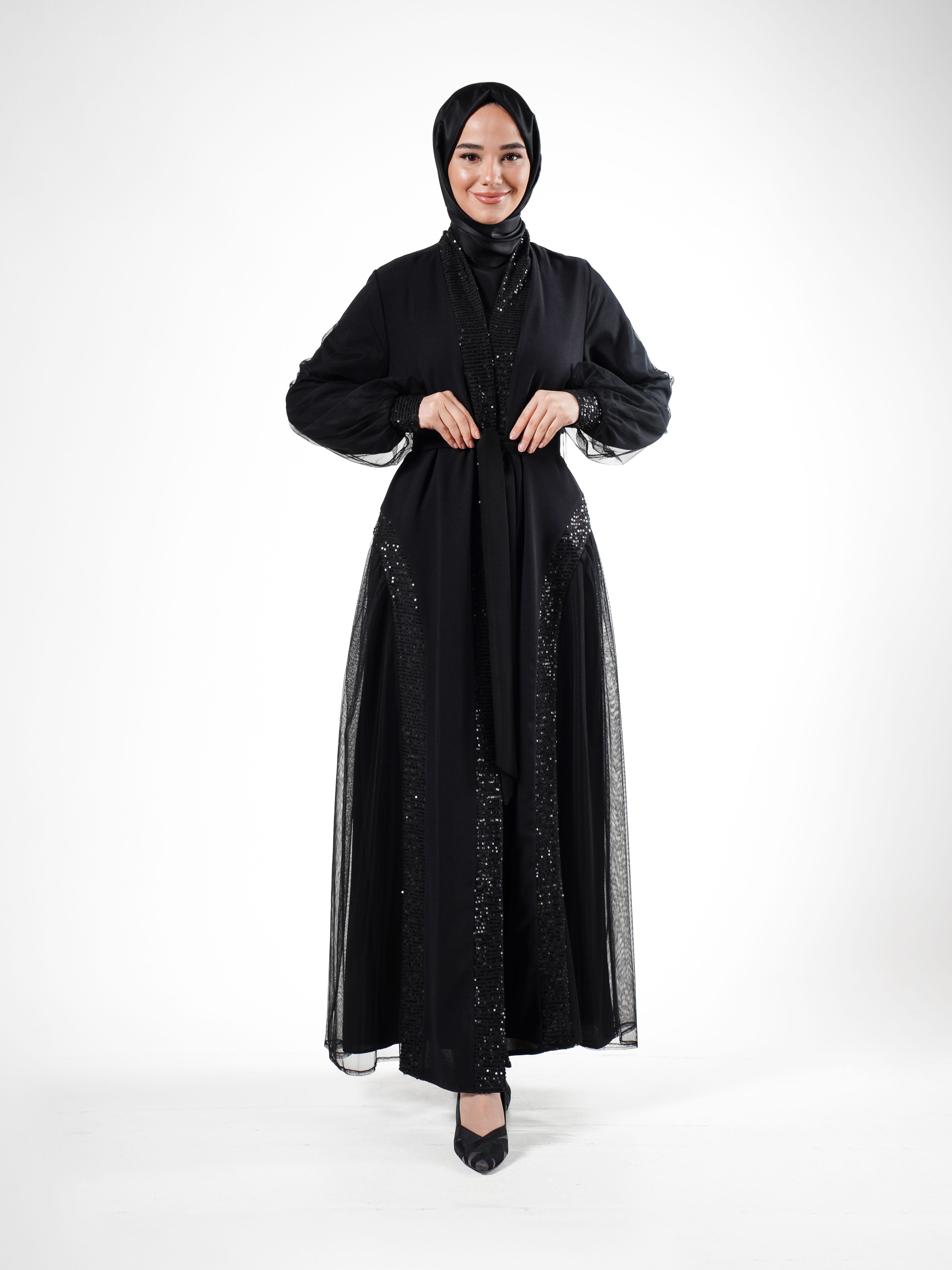 Heddy Pul ve Tül Detaylı İçli Dışlı Abaya 7634-SİYAH