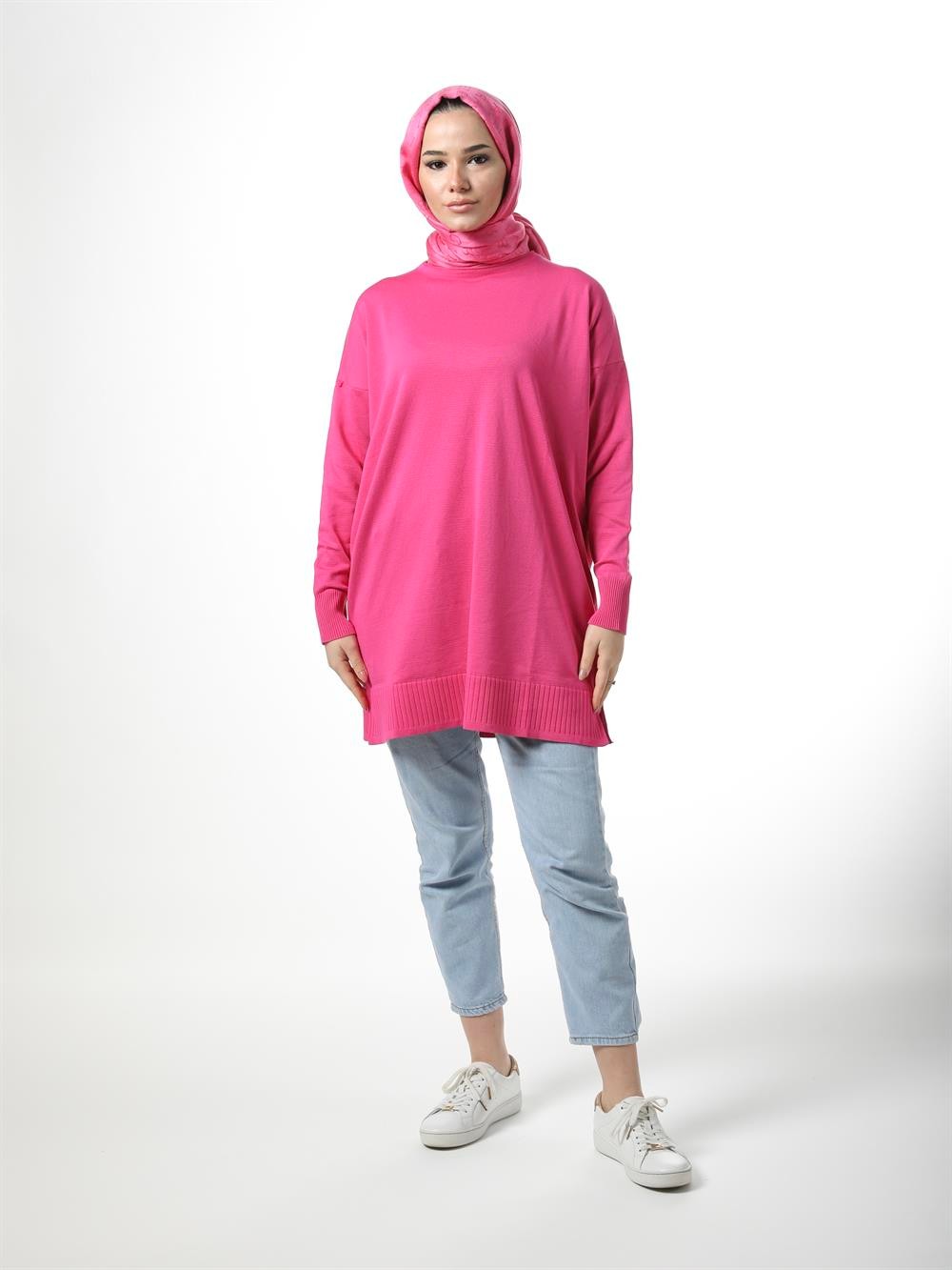 Belischa Etek Ucu Çizgi Ve Yırtmaçlı Merserize Tunik 004-FUŞYA