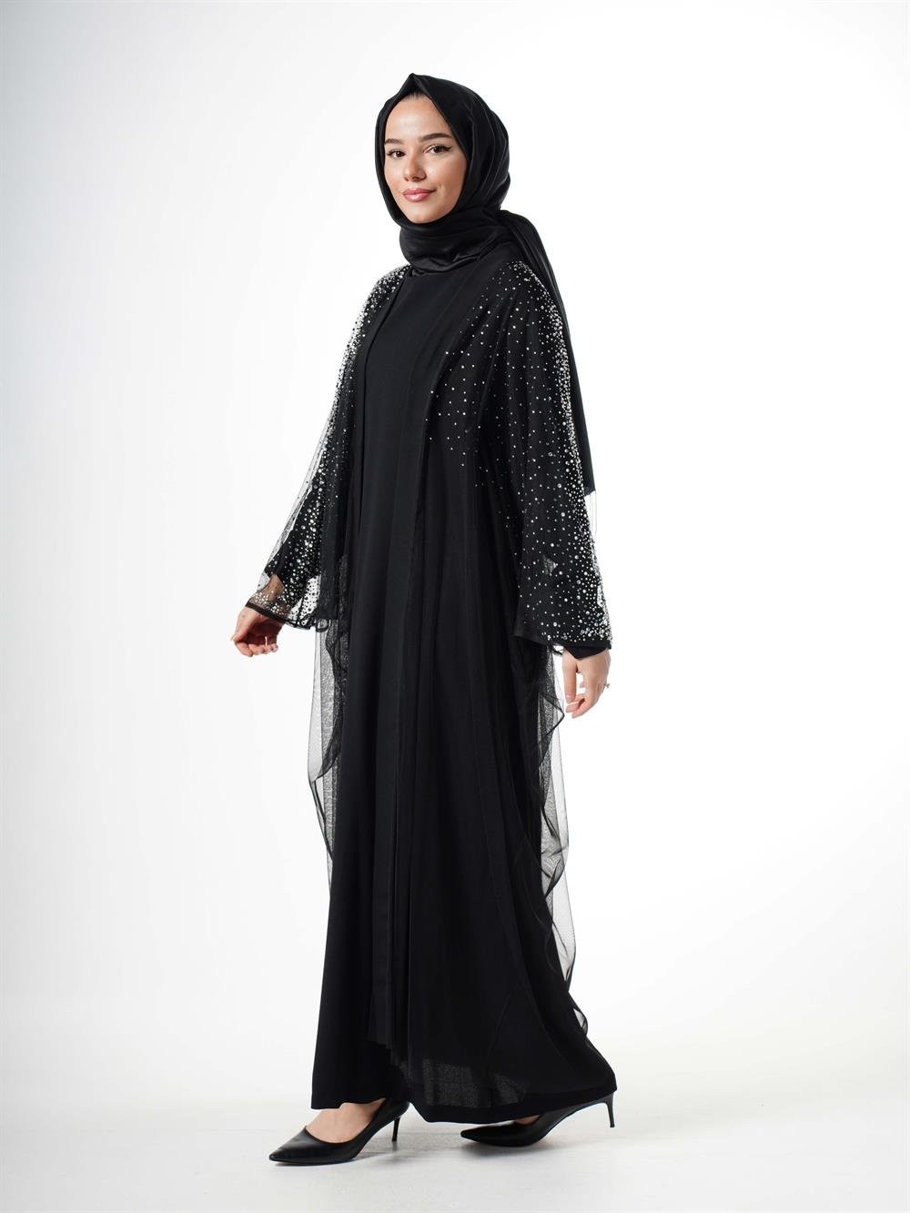 Jupe Taşlı Tül Önü Açık Abaya 5304-SİYAH